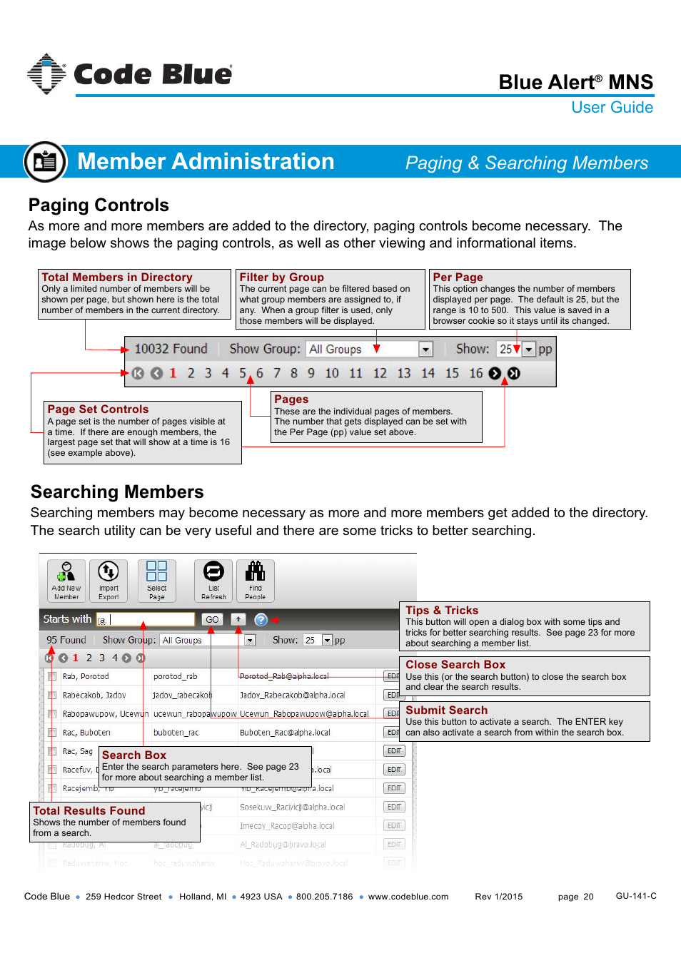 Member administration, Blue alert, Paging controls | Searching members, Paging & searching members, User guide | Code Blue BLUE ALERT MNS MASS NOTIFICATION SOFTWARE User Manual | Page 20 / 76