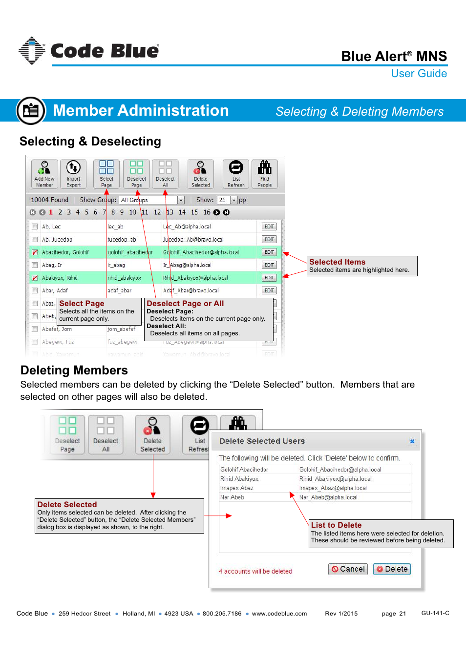 Member administration, Blue alert, Selecting & deselecting | Deleting members, Selecting & deleting members, User guide | Code Blue BLUE ALERT MNS MASS NOTIFICATION SOFTWARE User Manual | Page 21 / 76