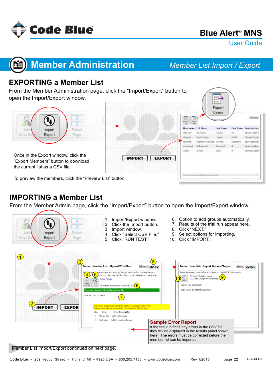 Member list import/export, Member administration, Blue alert | Exporting a member list, Importing a member list, Member list import / export, User guide | Code Blue BLUE ALERT MNS MASS NOTIFICATION SOFTWARE User Manual | Page 22 / 76
