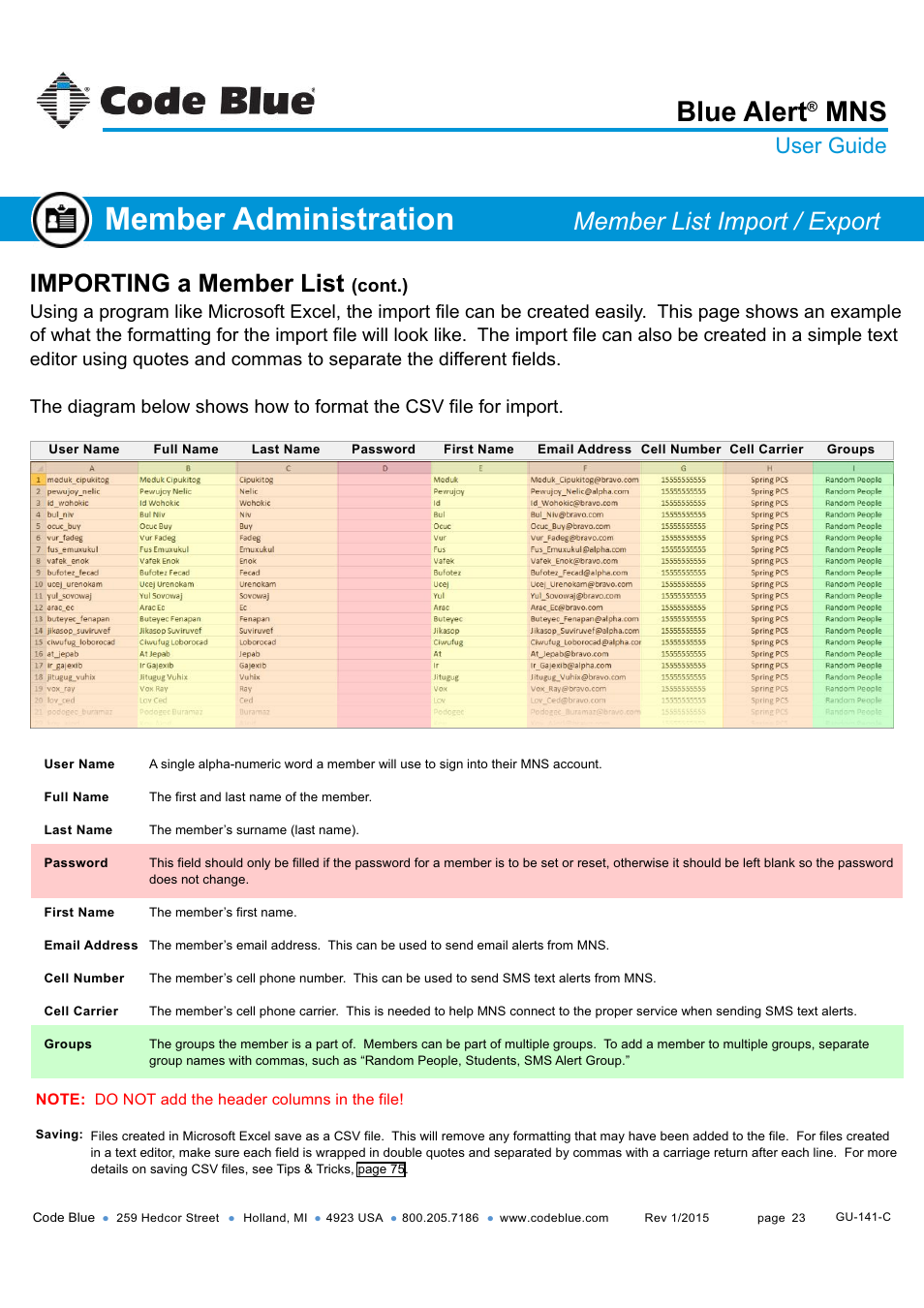 Member administration, Blue alert, Importing a member list | Member list import / export, User guide | Code Blue BLUE ALERT MNS MASS NOTIFICATION SOFTWARE User Manual | Page 23 / 76