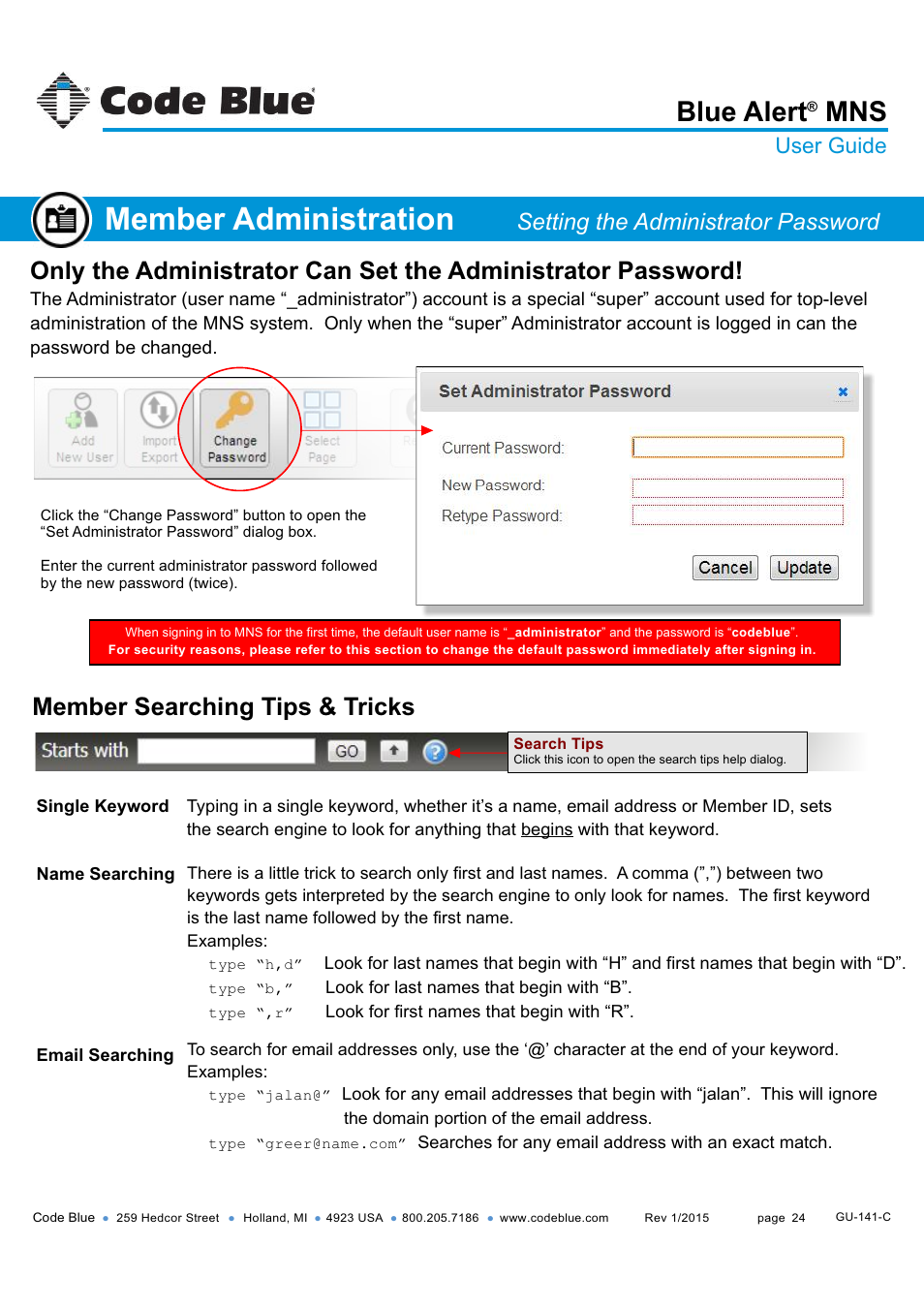 Setting admin password searching tips & tricks, Member administration, Blue alert | Member searching tips & tricks, Setting the administrator password, User guide | Code Blue BLUE ALERT MNS MASS NOTIFICATION SOFTWARE User Manual | Page 24 / 76
