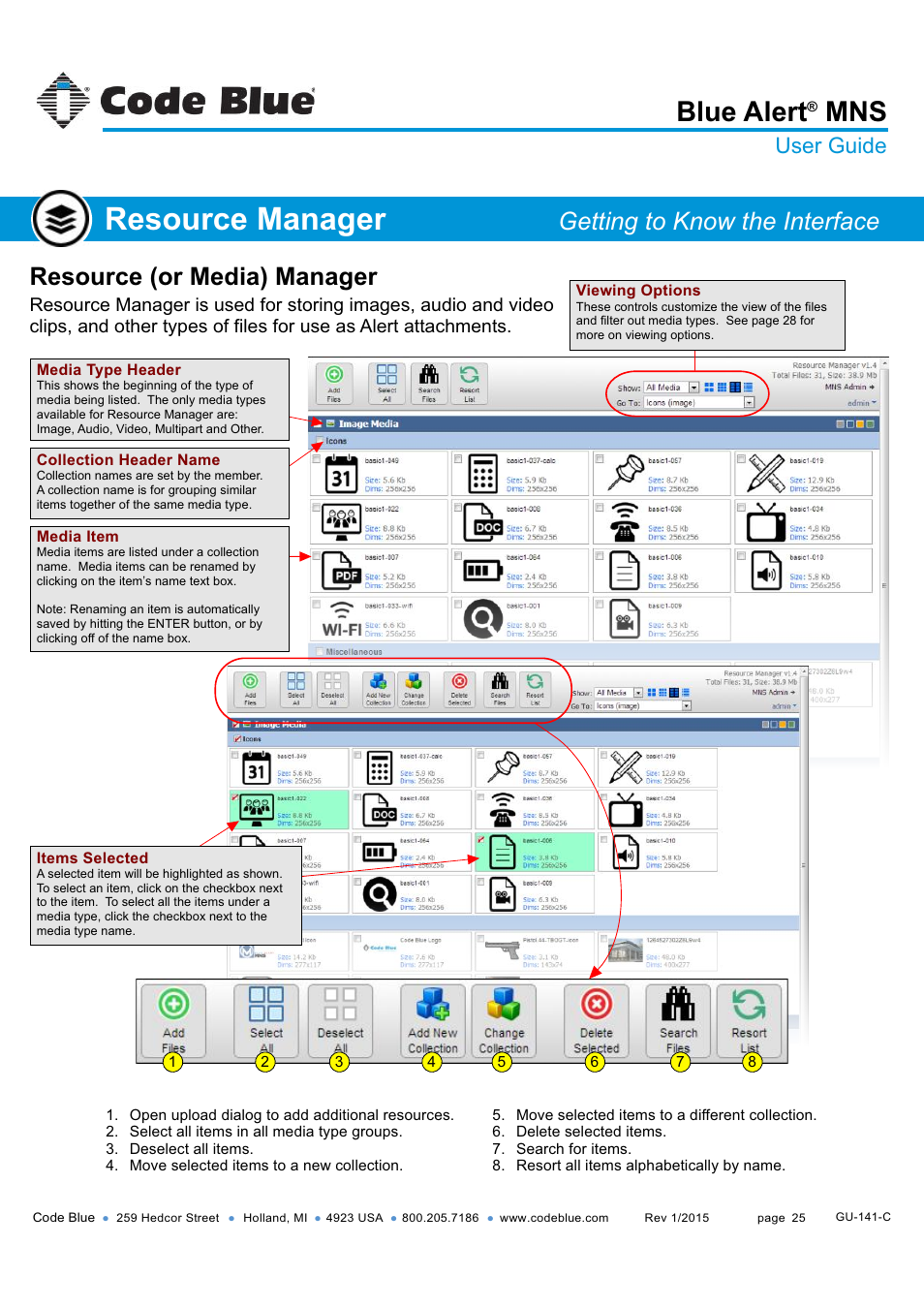 Resource manager, Getting to know the interface, Blue alert | Resource (or media) manager, User guide | Code Blue BLUE ALERT MNS MASS NOTIFICATION SOFTWARE User Manual | Page 25 / 76