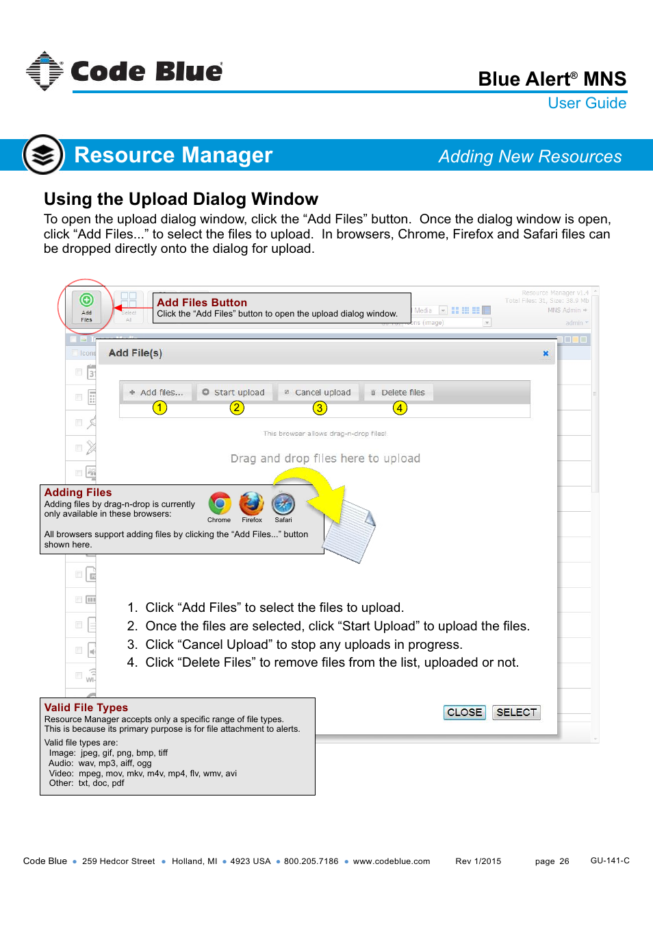 Resource manager, Blue alert, Using the upload dialog window | Adding new resources, User guide | Code Blue BLUE ALERT MNS MASS NOTIFICATION SOFTWARE User Manual | Page 26 / 76