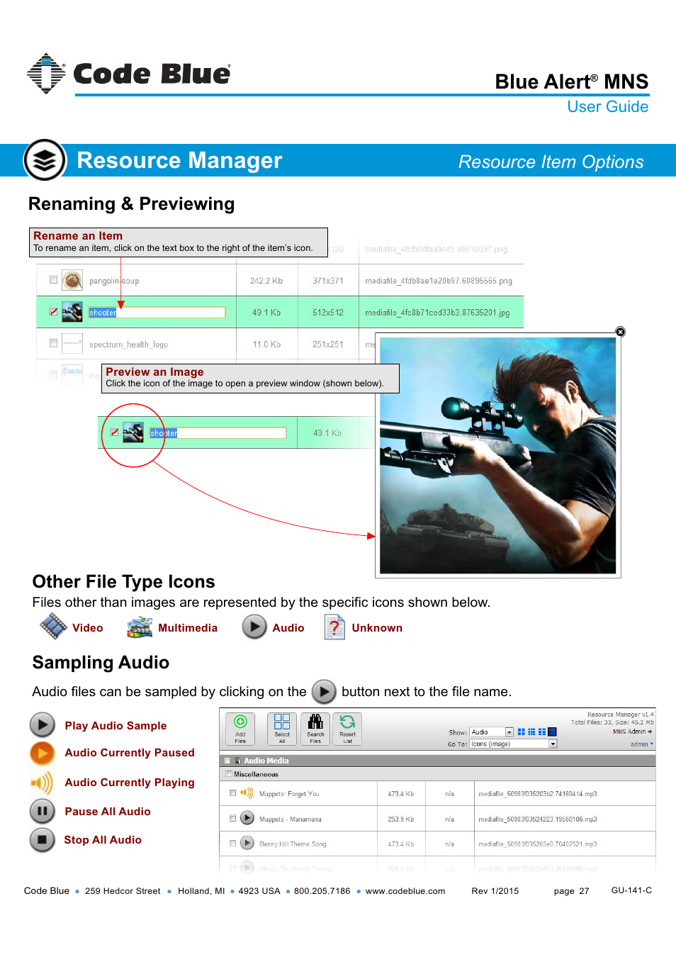 Resource manager, Blue alert, Sampling audio | Other file type icons, Renaming & previewing, Resource item options, User guide | Code Blue BLUE ALERT MNS MASS NOTIFICATION SOFTWARE User Manual | Page 27 / 76