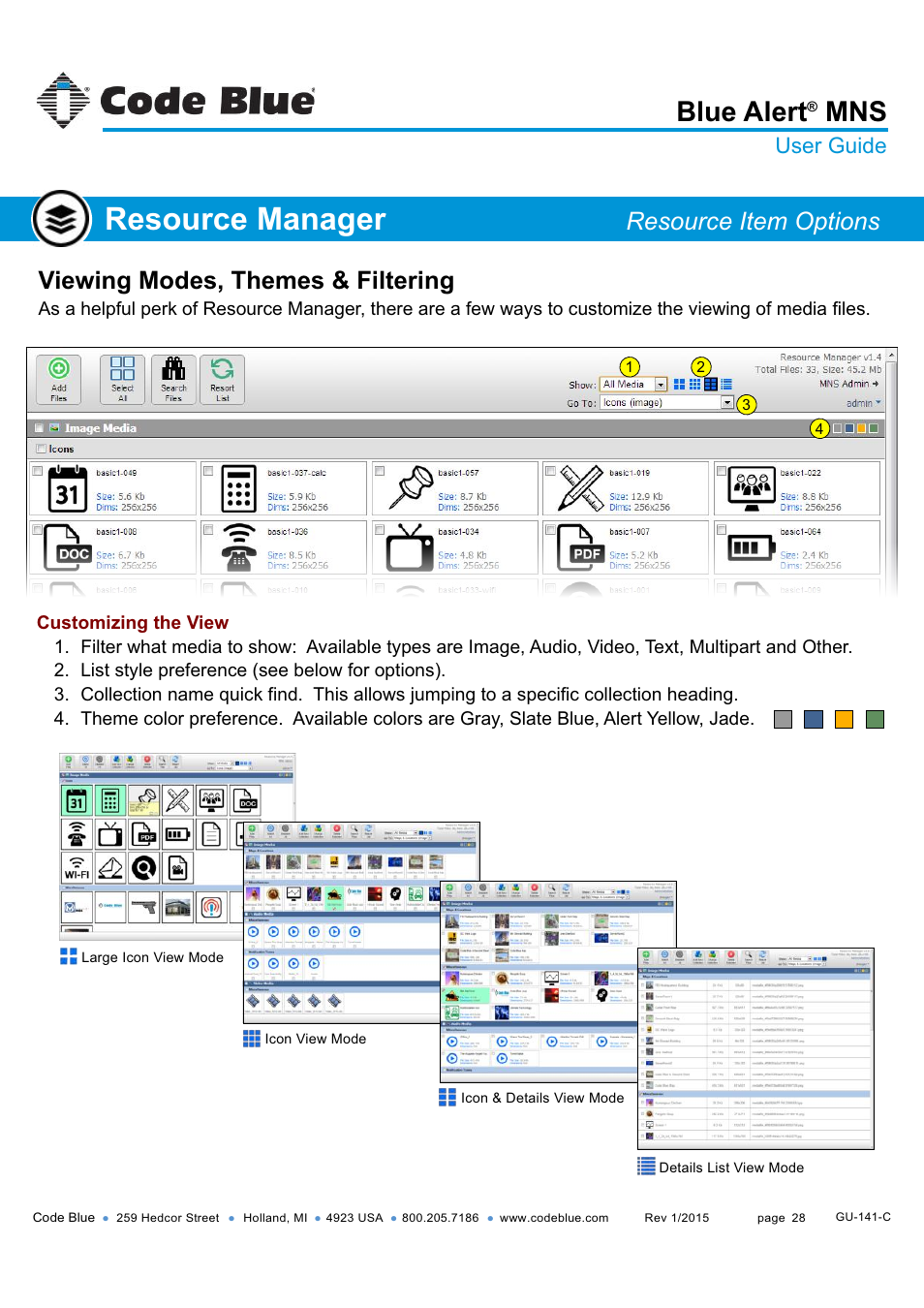 Viewing modes & options, Resource manager, Blue alert | Viewing modes, themes & filtering, Resource item options, User guide | Code Blue BLUE ALERT MNS MASS NOTIFICATION SOFTWARE User Manual | Page 28 / 76