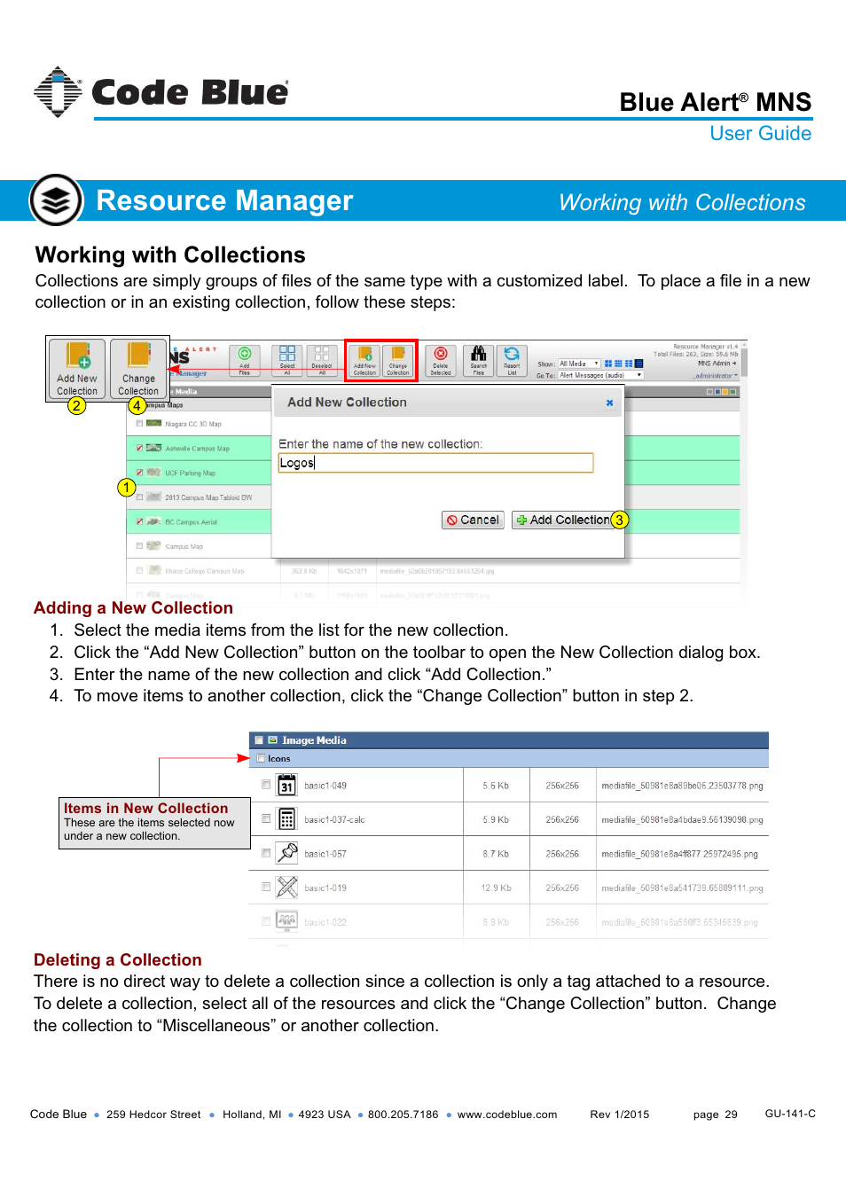 Resource manager, Blue alert, Working with collections | User guide | Code Blue BLUE ALERT MNS MASS NOTIFICATION SOFTWARE User Manual | Page 29 / 76