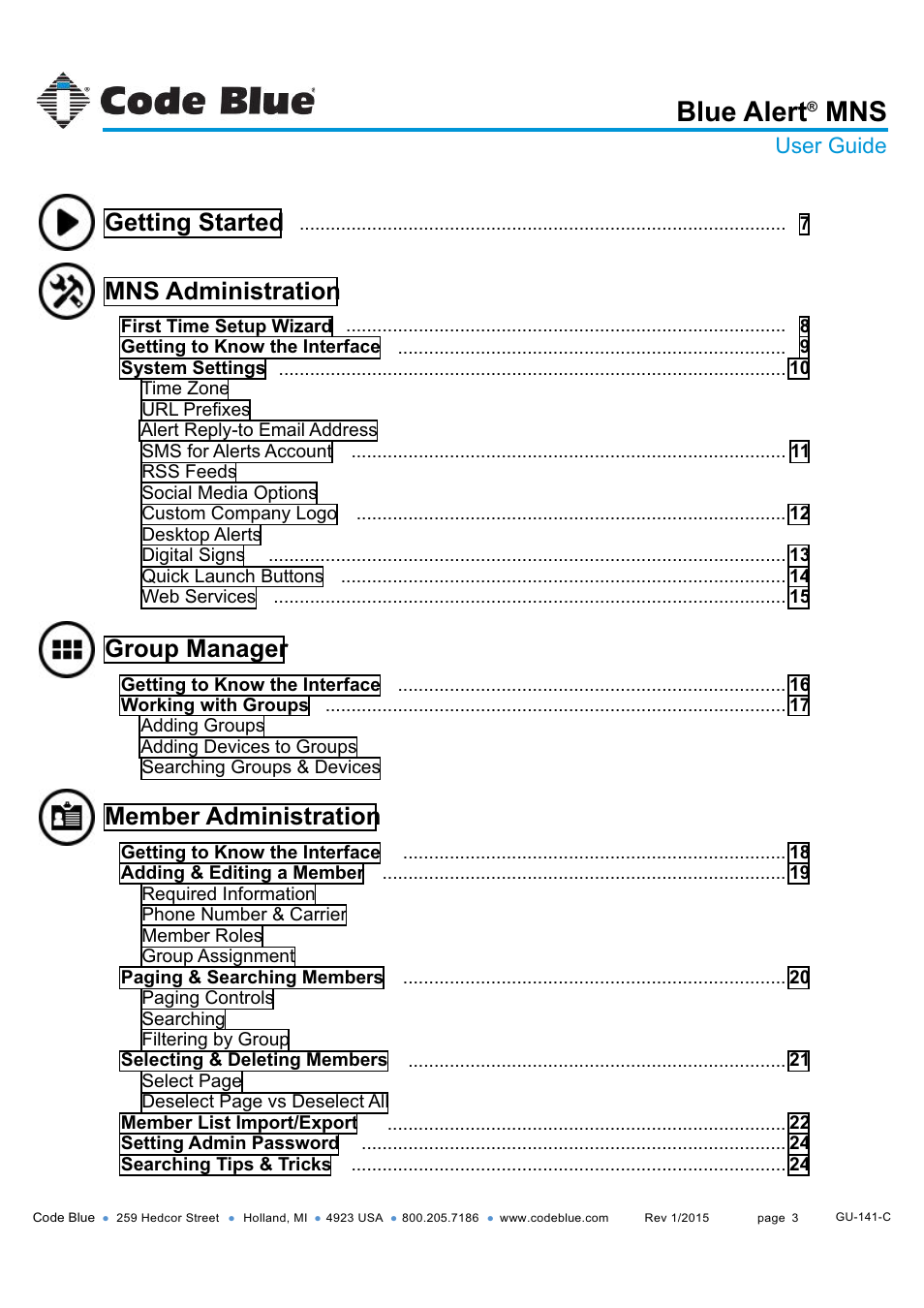 Blue alert, Mns administration, Group manager | Member administration, Getting started, User guide | Code Blue BLUE ALERT MNS MASS NOTIFICATION SOFTWARE User Manual | Page 3 / 76