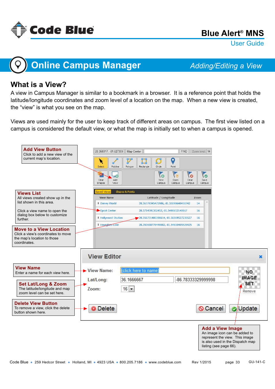 Adding & editing a “view, Online campus manager, Blue alert | What is a view, Adding/editing a view, User guide | Code Blue BLUE ALERT MNS MASS NOTIFICATION SOFTWARE User Manual | Page 33 / 76