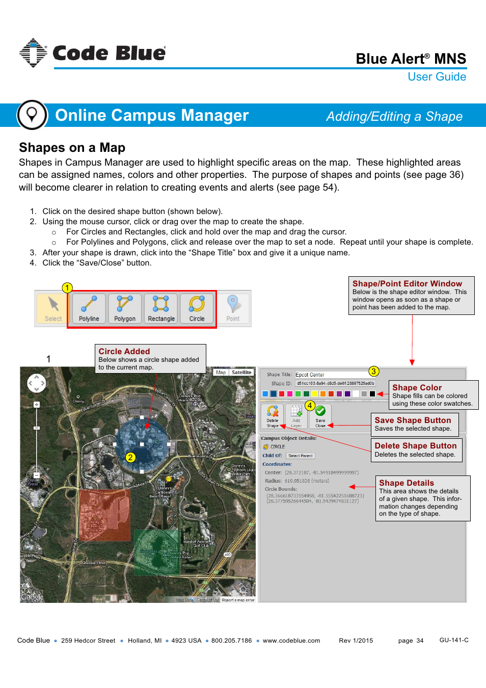 Adding & editing a shape, Online campus manager, Blue alert | Shapes on a map, Adding/editing a shape, User guide | Code Blue BLUE ALERT MNS MASS NOTIFICATION SOFTWARE User Manual | Page 34 / 76