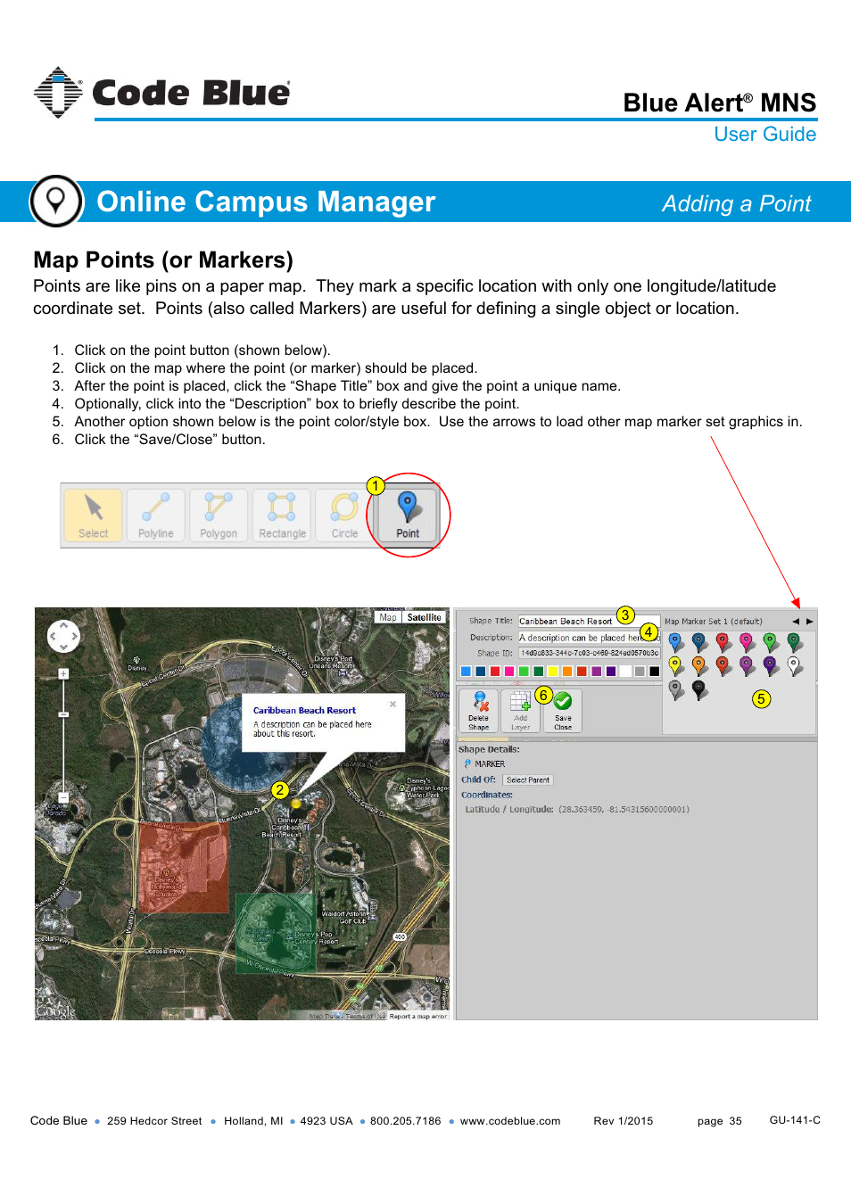 Adding a point, Online campus manager, Blue alert | Map points (or markers), User guide | Code Blue BLUE ALERT MNS MASS NOTIFICATION SOFTWARE User Manual | Page 35 / 76