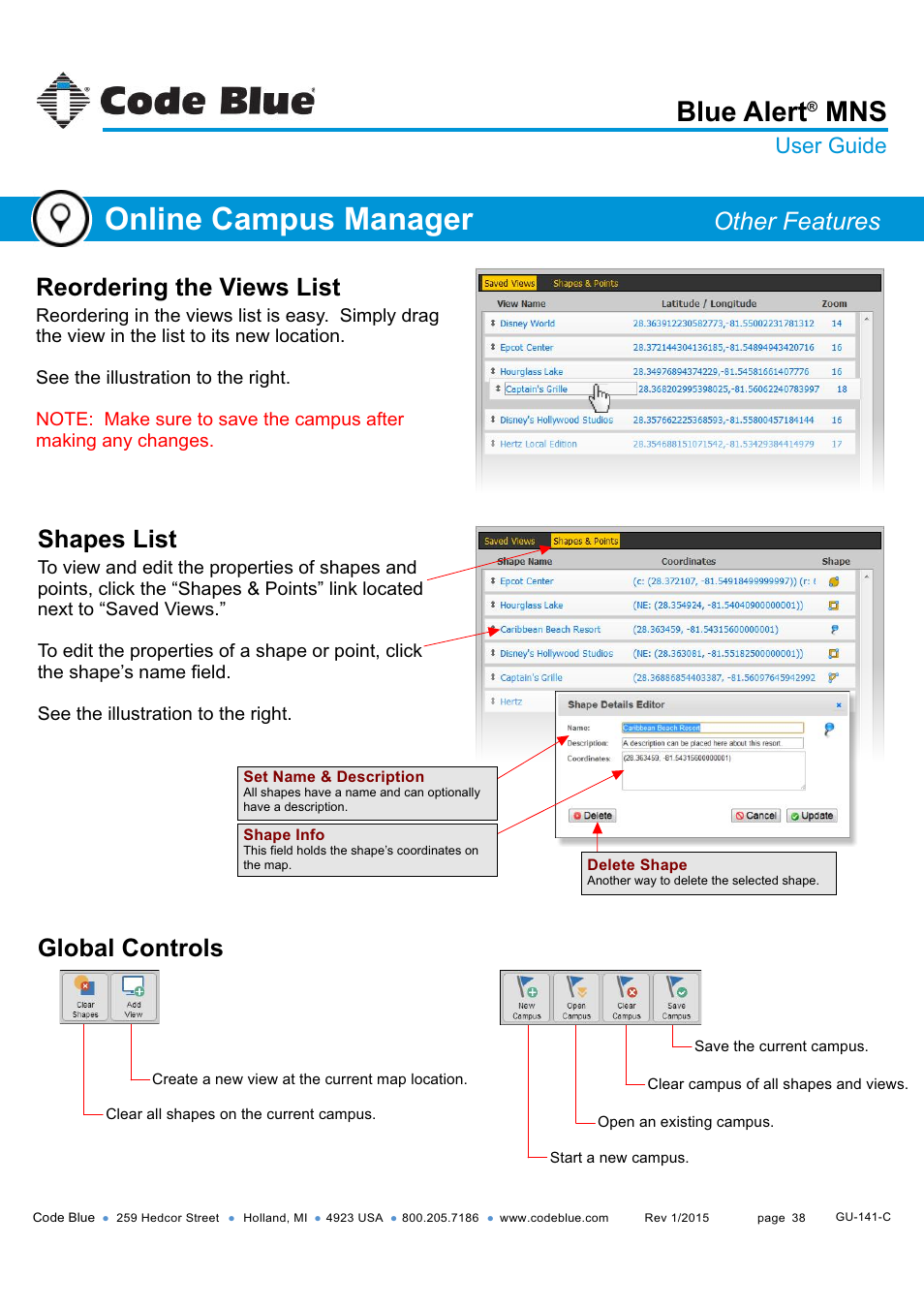 Other features, Online campus manager, Blue alert | Reordering the views list, Shapes list, Global controls, User guide | Code Blue BLUE ALERT MNS MASS NOTIFICATION SOFTWARE User Manual | Page 38 / 76
