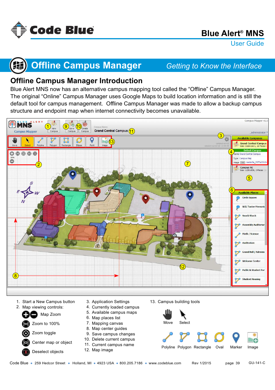 Offline campus manager, Getting to know the interface, Cont) | Blue alert, Offline campus manager introduction, User guide | Code Blue BLUE ALERT MNS MASS NOTIFICATION SOFTWARE User Manual | Page 39 / 76