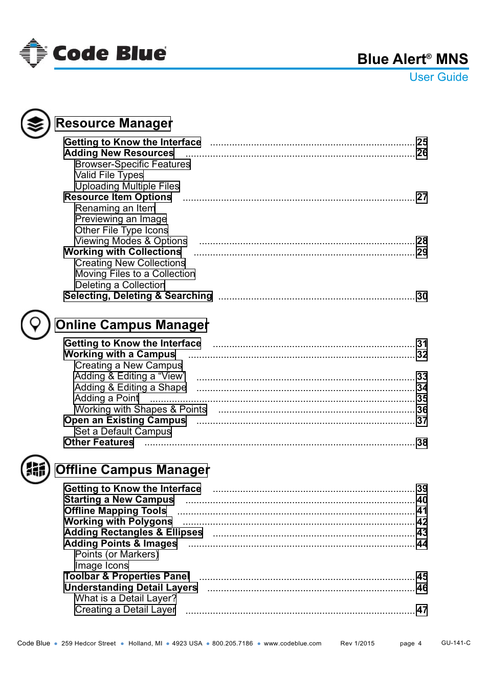 Blue alert, Resource manager, Online campus manager | Offline campus manager, User guide | Code Blue BLUE ALERT MNS MASS NOTIFICATION SOFTWARE User Manual | Page 4 / 76