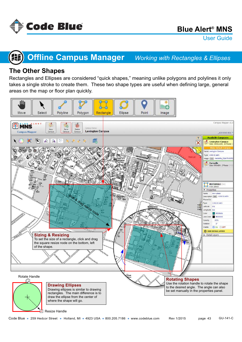 Adding rectangles & ellipses, Offline campus manager, Blue alert | The other shapes, Working with rectangles & ellipses, User guide | Code Blue BLUE ALERT MNS MASS NOTIFICATION SOFTWARE User Manual | Page 43 / 76