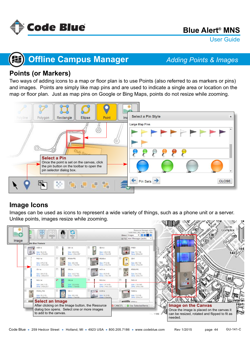 Offline campus manager, Blue alert, Points (or markers) | Image icons, Adding points & images, User guide | Code Blue BLUE ALERT MNS MASS NOTIFICATION SOFTWARE User Manual | Page 44 / 76