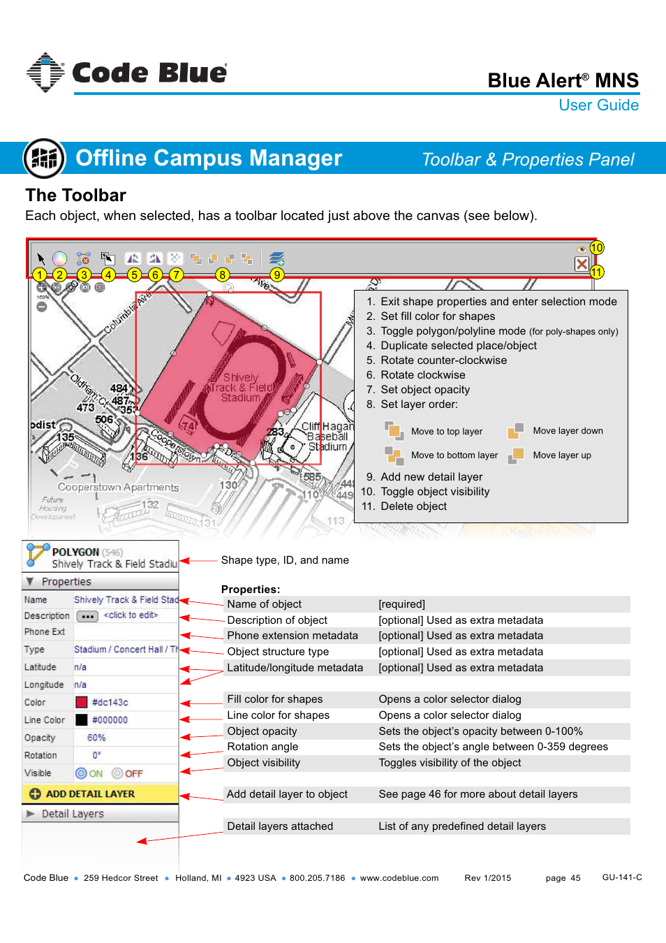 Toolbar & properties panel, Offline campus manager, Blue alert | The toolbar, User guide | Code Blue BLUE ALERT MNS MASS NOTIFICATION SOFTWARE User Manual | Page 45 / 76