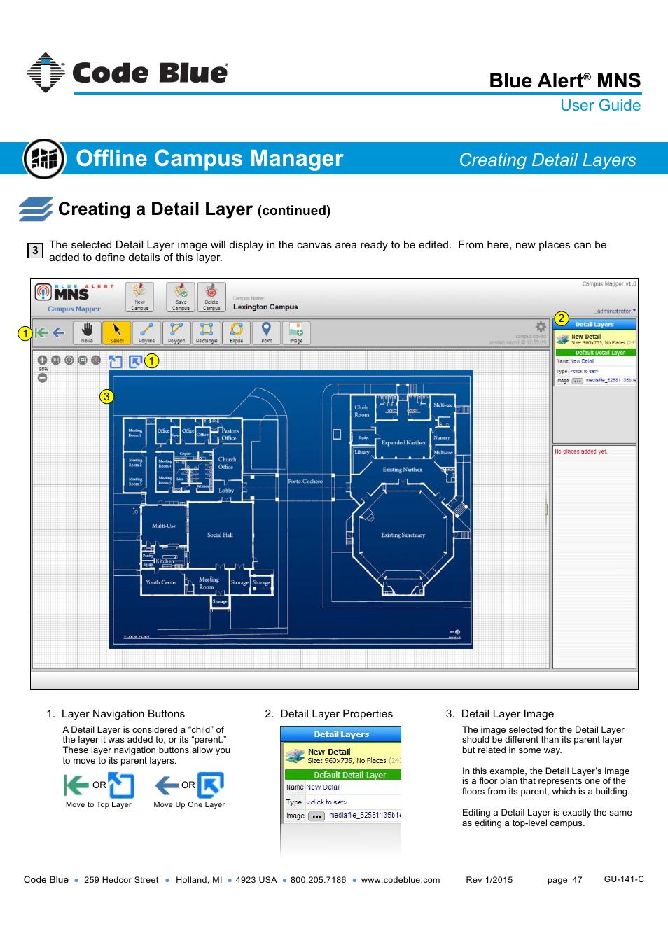 Creating a detail layer, Offline campus manager, Blue alert | Creating detail layers, User guide, Continued) | Code Blue BLUE ALERT MNS MASS NOTIFICATION SOFTWARE User Manual | Page 47 / 76
