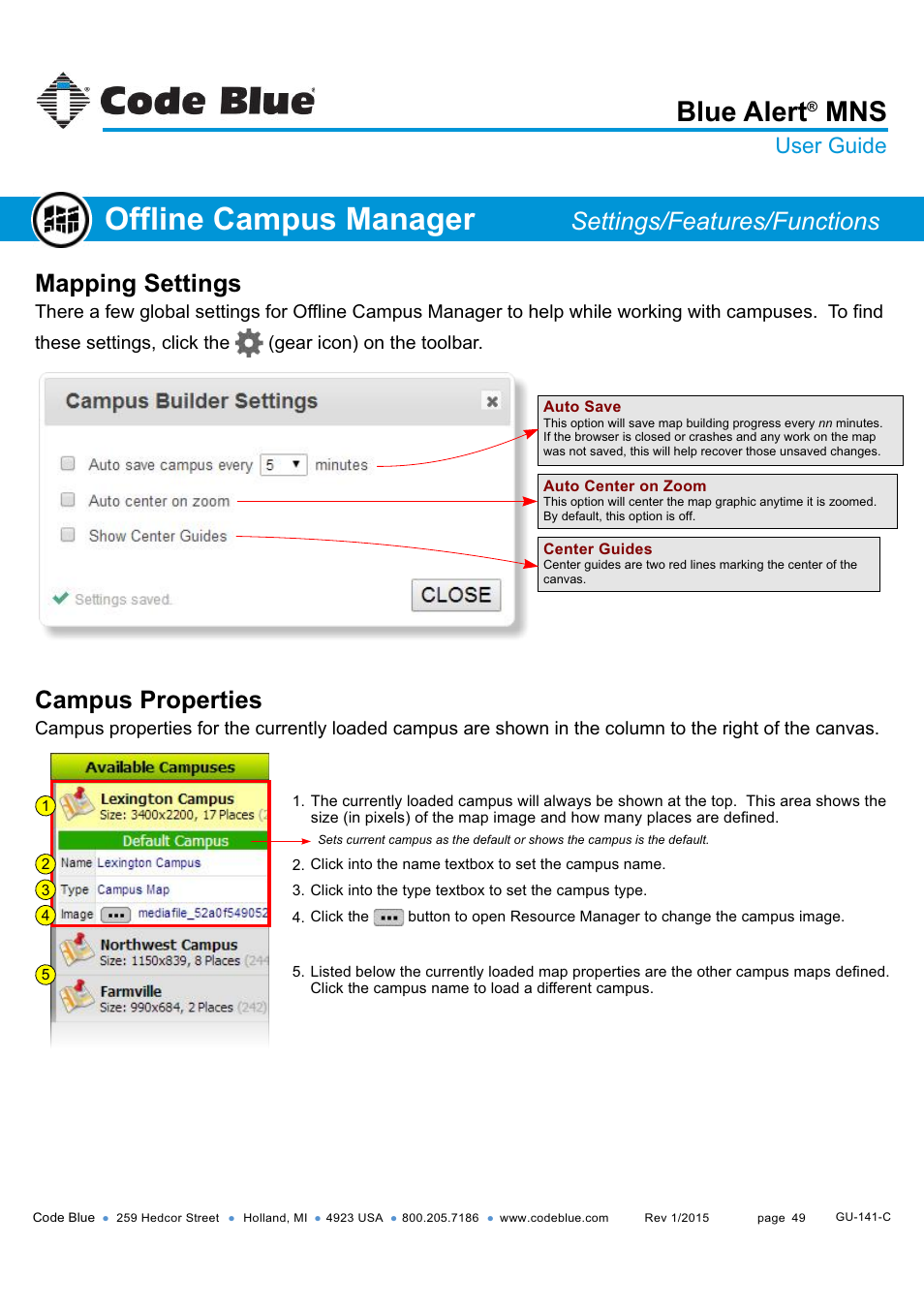 Offline campus manager, Blue alert, Mapping settings | Campus properties, Settings/features/functions, User guide | Code Blue BLUE ALERT MNS MASS NOTIFICATION SOFTWARE User Manual | Page 49 / 76