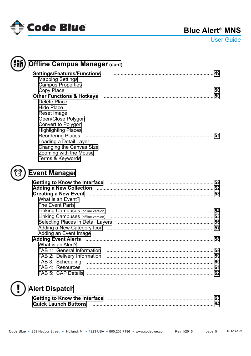 Blue alert, Event manager, Offline campus manager | Alert dispatch, User guide | Code Blue BLUE ALERT MNS MASS NOTIFICATION SOFTWARE User Manual | Page 5 / 76