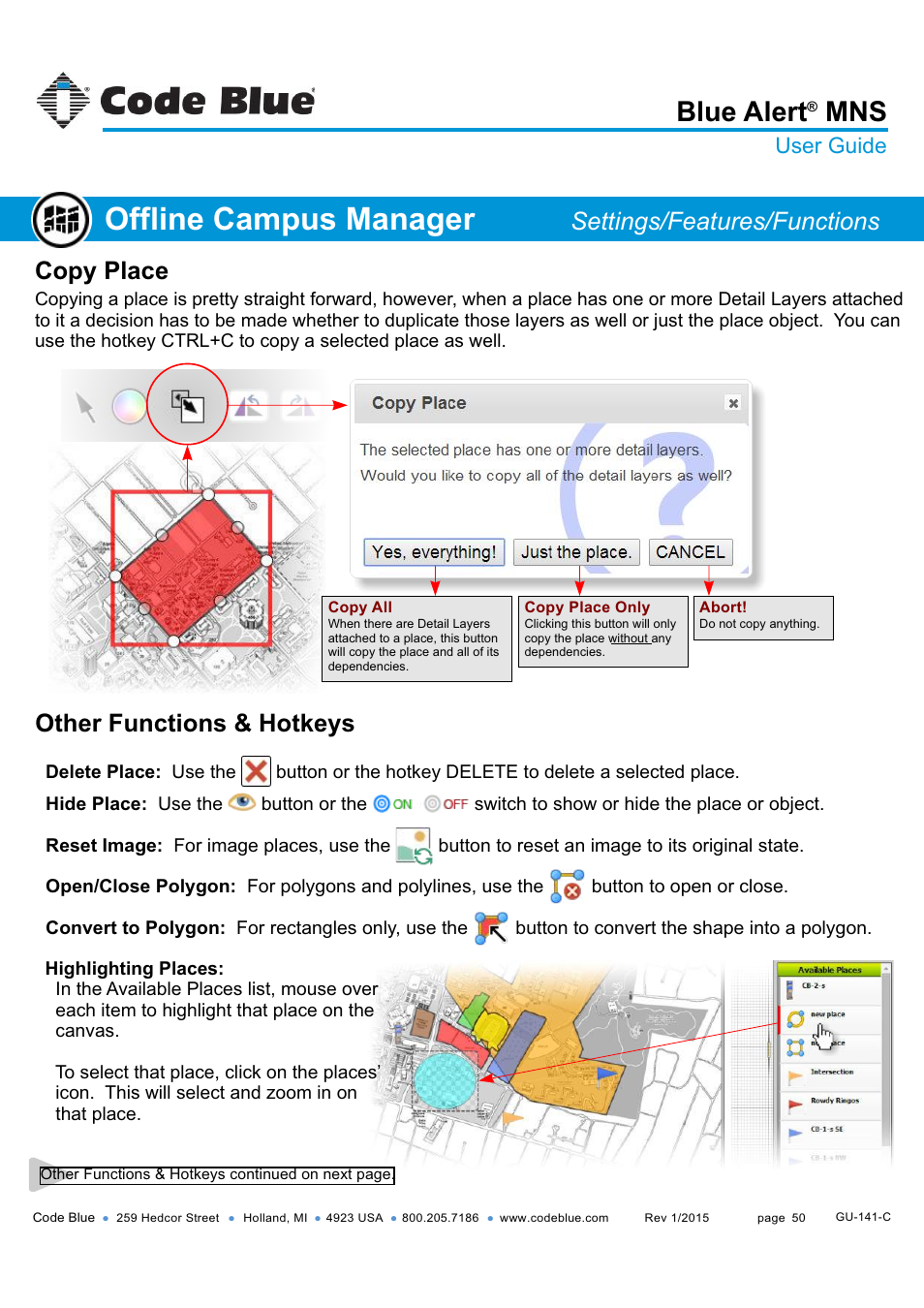 Offline campus manager, Blue alert, Copy place | Settings/features/functions, Other functions & hotkeys, User guide | Code Blue BLUE ALERT MNS MASS NOTIFICATION SOFTWARE User Manual | Page 50 / 76