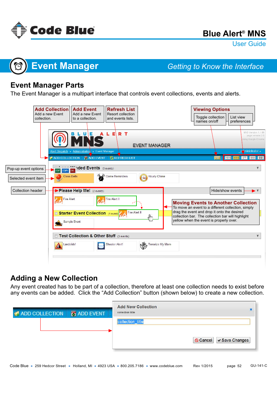Event manager, Blue alert, Event manager parts | Adding a new collection, Getting to know the interface, User guide | Code Blue BLUE ALERT MNS MASS NOTIFICATION SOFTWARE User Manual | Page 52 / 76