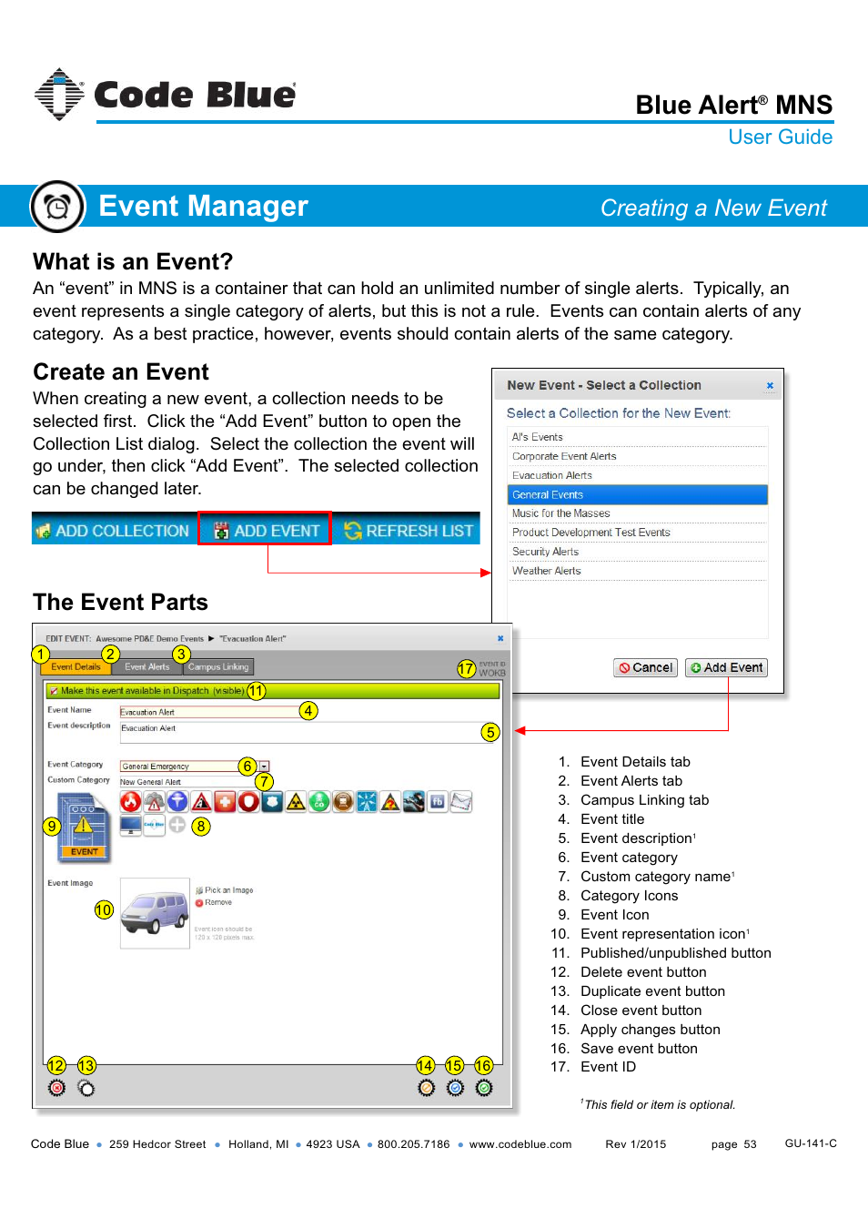 Event manager, Blue alert, Create an event | What is an event, The event parts, Creating a new event, User guide | Code Blue BLUE ALERT MNS MASS NOTIFICATION SOFTWARE User Manual | Page 53 / 76