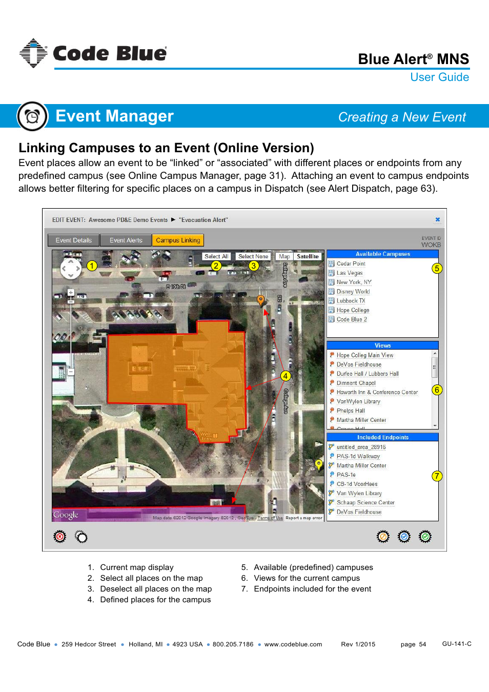 Linking campuses, Online version), Event manager | Blue alert, Linking campuses to an event (online version), Creating a new event, User guide | Code Blue BLUE ALERT MNS MASS NOTIFICATION SOFTWARE User Manual | Page 54 / 76