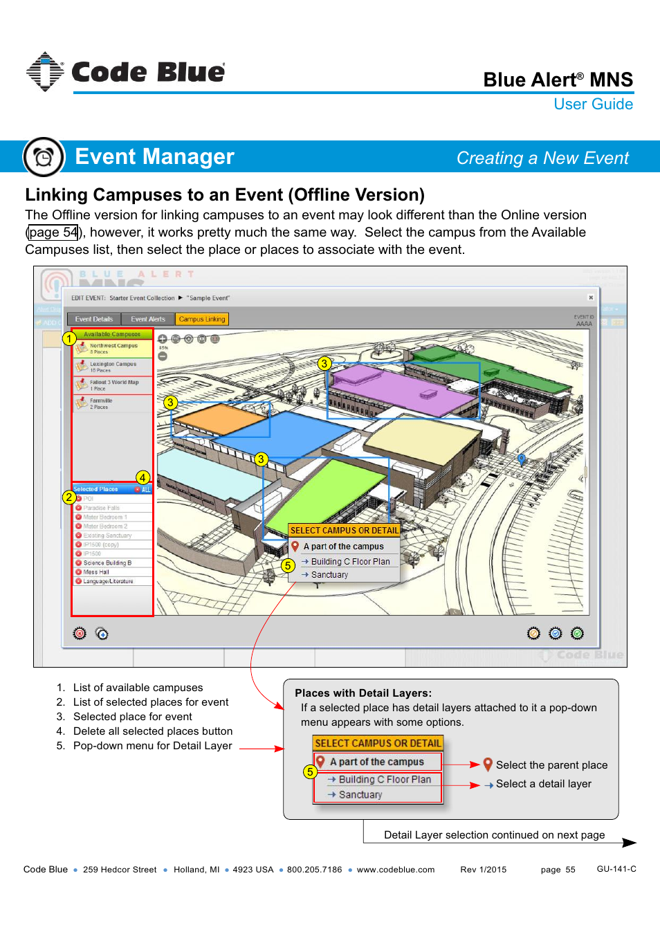 Linking campuses, Offline version), Event manager | Blue alert, Linking campuses to an event (offline version), Creating a new event, User guide | Code Blue BLUE ALERT MNS MASS NOTIFICATION SOFTWARE User Manual | Page 55 / 76