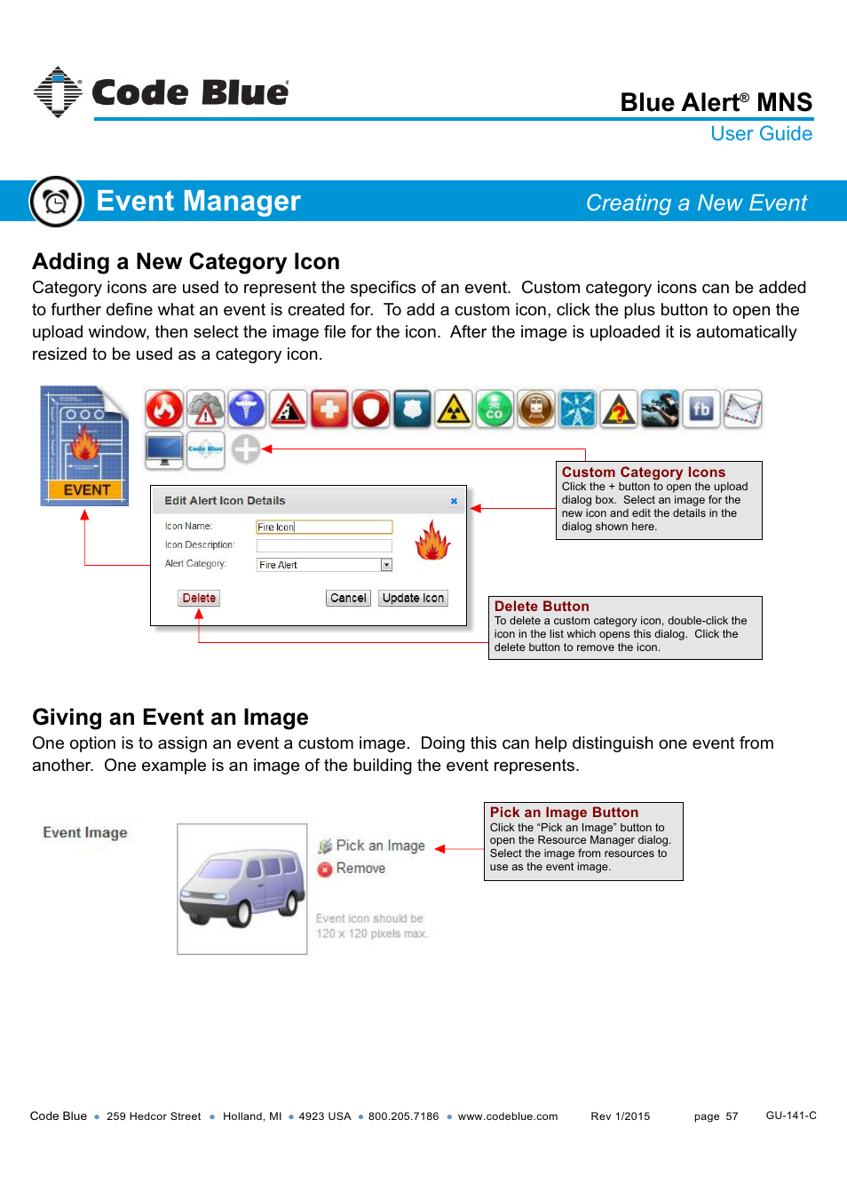Adding a new category icon adding an event image, Event manager, Blue alert | Adding a new category icon, Giving an event an image, Creating a new event, User guide | Code Blue BLUE ALERT MNS MASS NOTIFICATION SOFTWARE User Manual | Page 57 / 76
