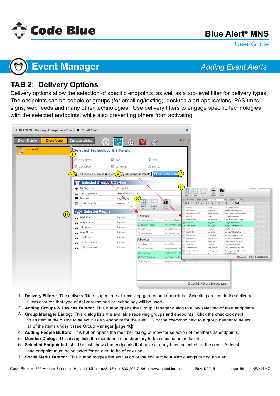 Tab 2: delivery information, Event manager, Blue alert | Tab 2: delivery options, Adding event alerts, User guide | Code Blue BLUE ALERT MNS MASS NOTIFICATION SOFTWARE User Manual | Page 59 / 76