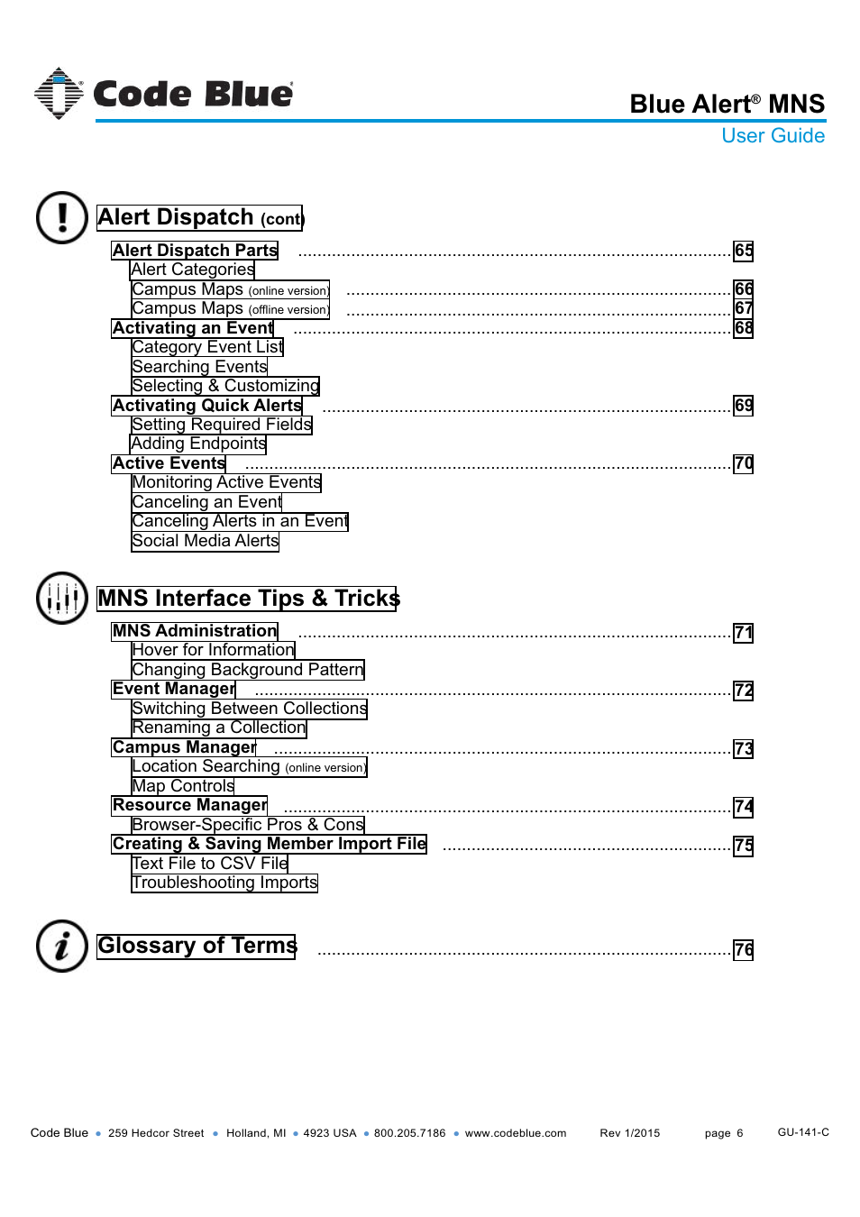 Blue alert, Alert dispatch, Mns interface tips & tricks | Glossary of terms, User guide | Code Blue BLUE ALERT MNS MASS NOTIFICATION SOFTWARE User Manual | Page 6 / 76