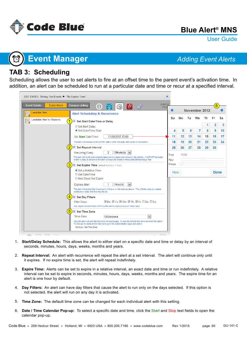 Tab 3: scheduling, Event manager, Blue alert | Adding event alerts, User guide | Code Blue BLUE ALERT MNS MASS NOTIFICATION SOFTWARE User Manual | Page 60 / 76