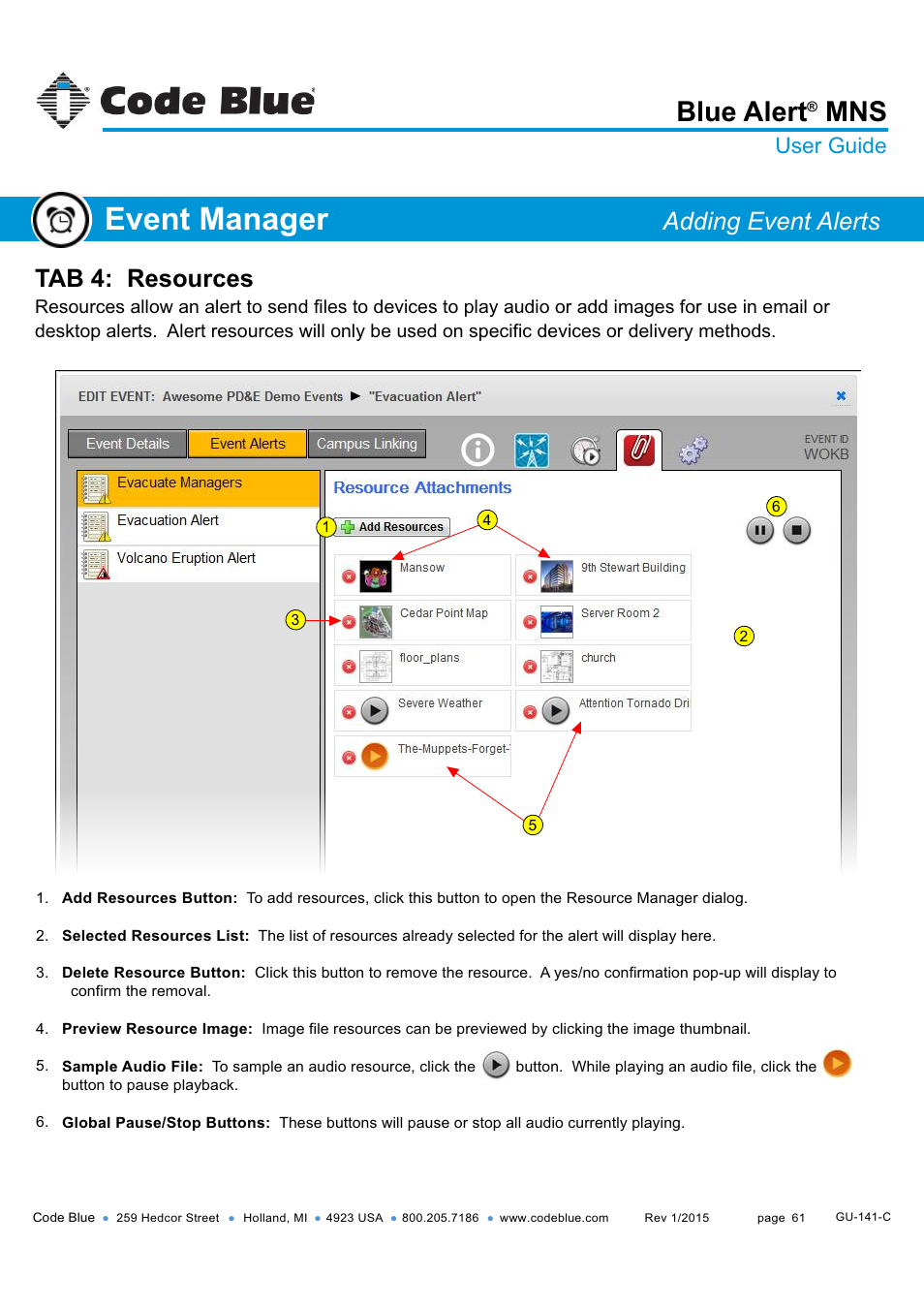 Tab 4: resources, Event manager, Blue alert | Adding event alerts, User guide | Code Blue BLUE ALERT MNS MASS NOTIFICATION SOFTWARE User Manual | Page 61 / 76