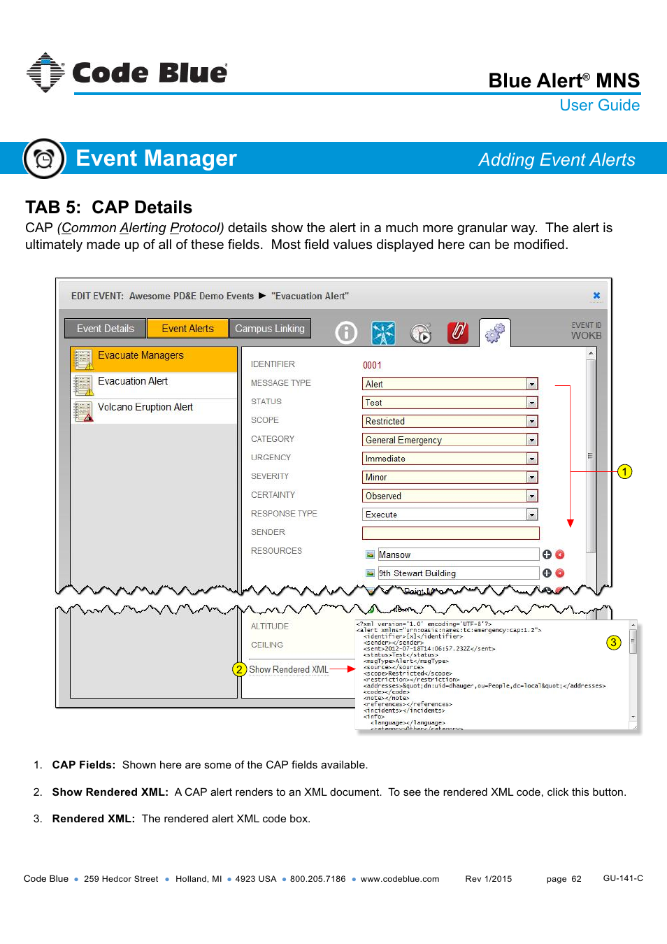 Tab 5: cap details, Event manager, Blue alert | Adding event alerts, User guide | Code Blue BLUE ALERT MNS MASS NOTIFICATION SOFTWARE User Manual | Page 62 / 76