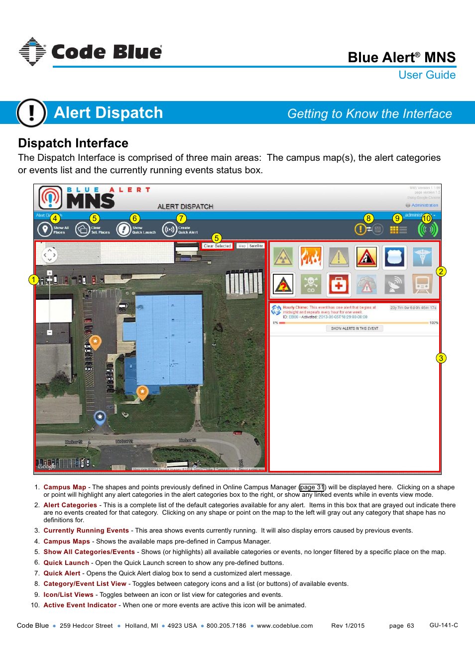 Alert dispatch, Getting to know the interface, Cont) | Blue alert, Dispatch interface, User guide | Code Blue BLUE ALERT MNS MASS NOTIFICATION SOFTWARE User Manual | Page 63 / 76