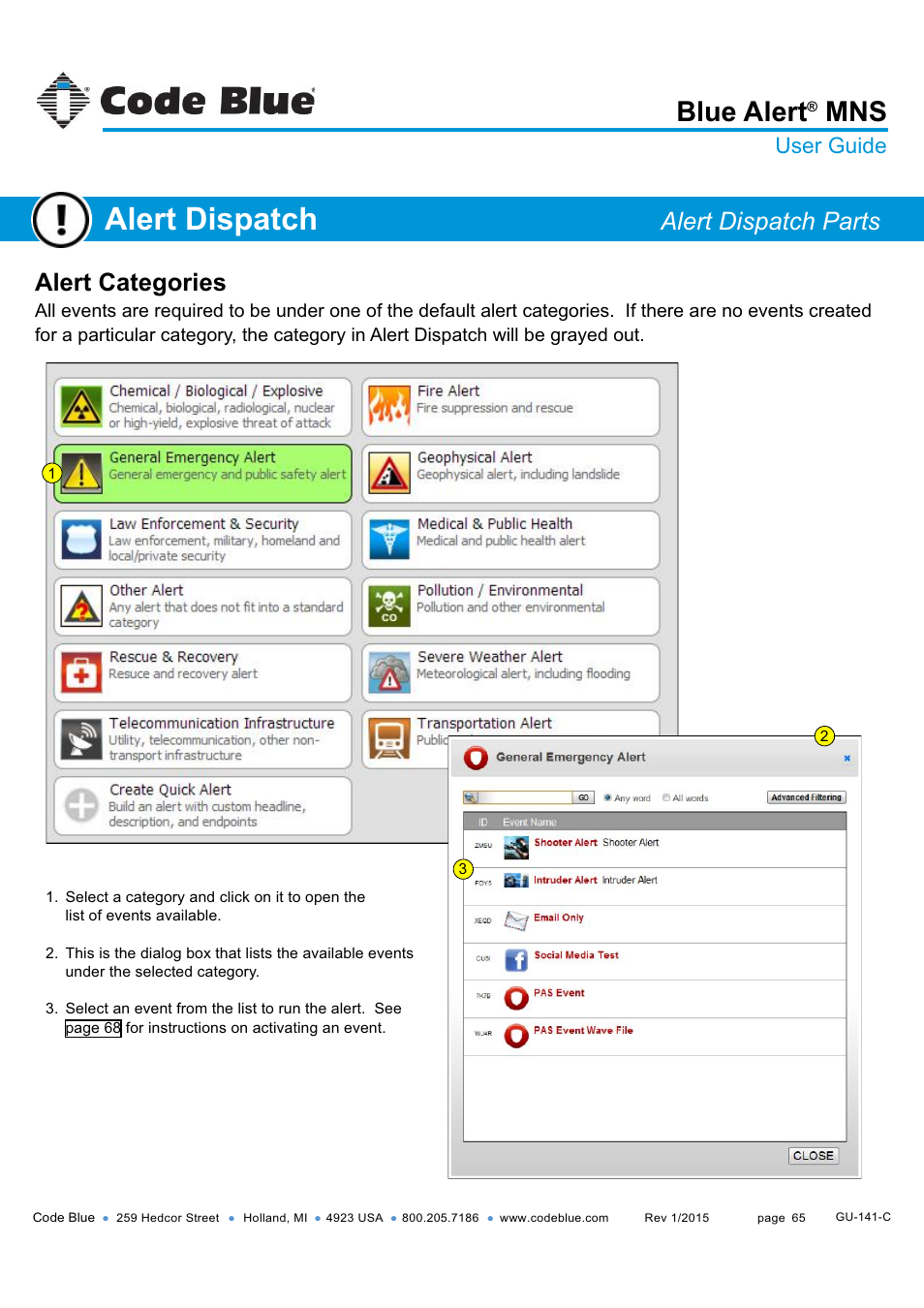 Alert dispatch parts alert categories, Alert dispatch, Blue alert | Alert categories, Alert dispatch parts, User guide | Code Blue BLUE ALERT MNS MASS NOTIFICATION SOFTWARE User Manual | Page 65 / 76