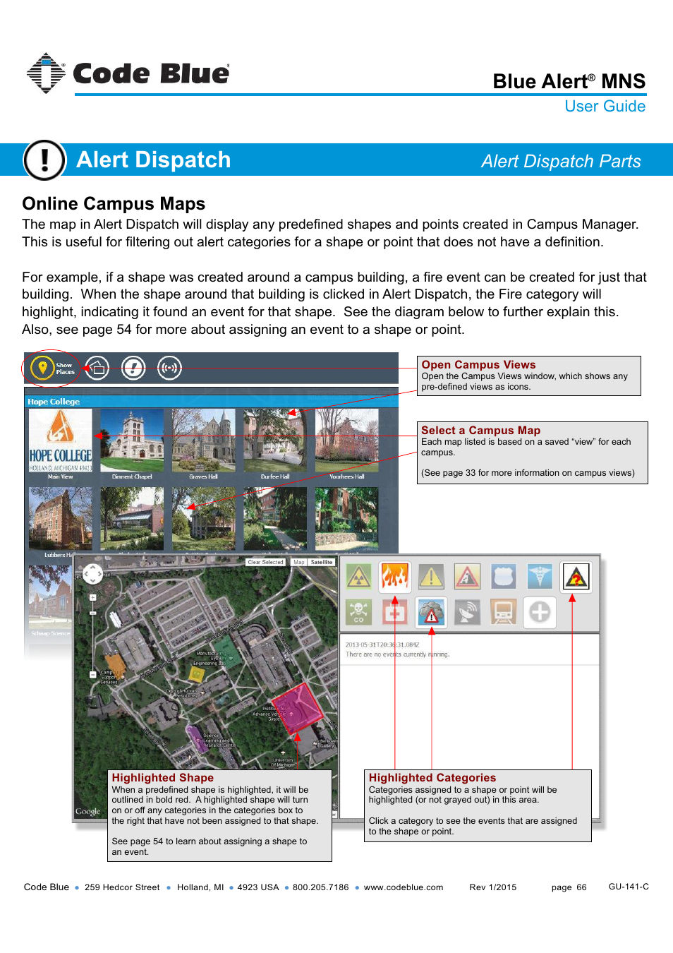 Campus maps, Online version), Alert dispatch | Blue alert, Online campus maps, Alert dispatch parts, User guide | Code Blue BLUE ALERT MNS MASS NOTIFICATION SOFTWARE User Manual | Page 66 / 76