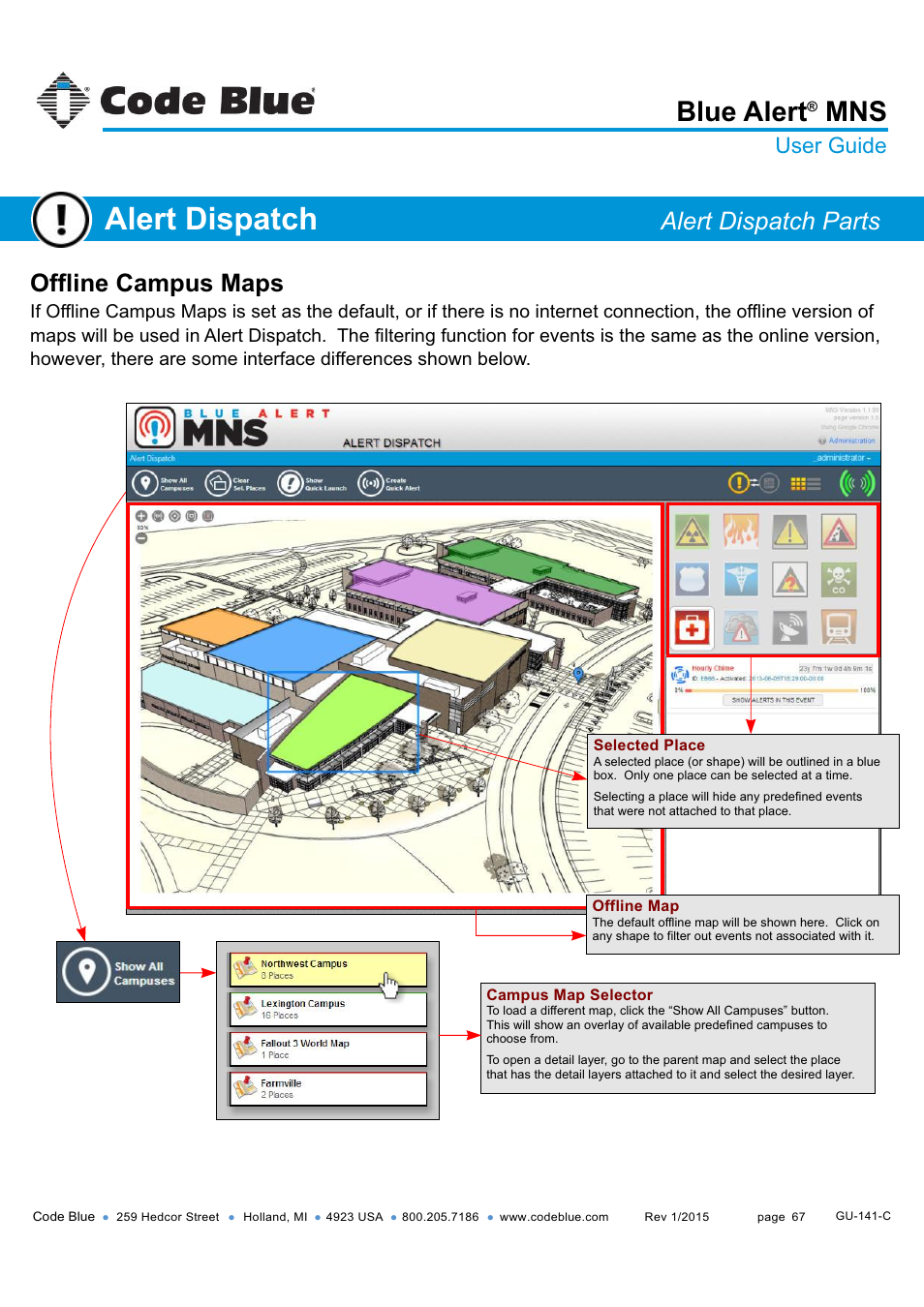 Campus maps, Offline version), Alert dispatch | Blue alert, Offline campus maps, Alert dispatch parts, User guide | Code Blue BLUE ALERT MNS MASS NOTIFICATION SOFTWARE User Manual | Page 67 / 76