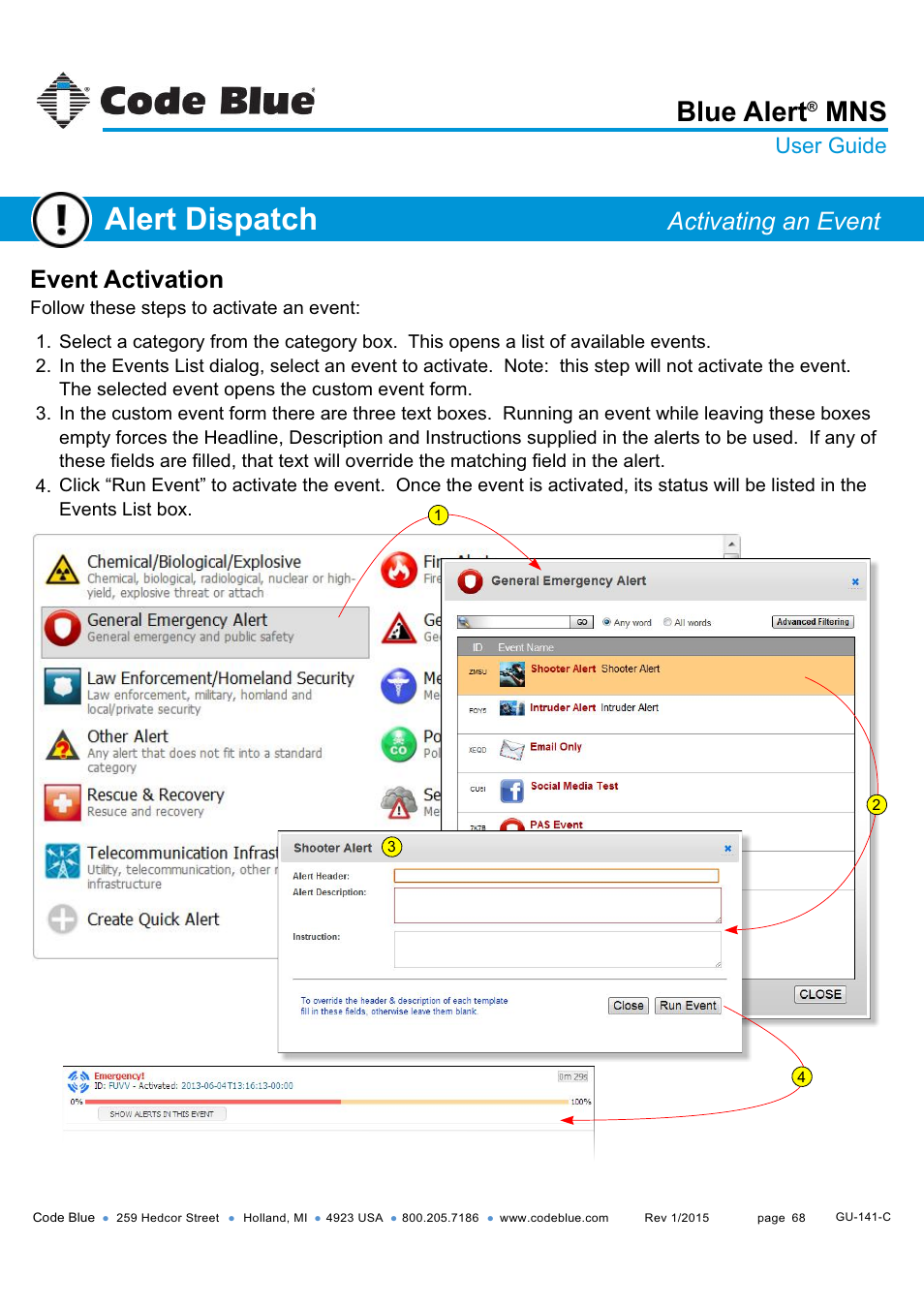 Alert dispatch, Blue alert, Event activation | Activating an event, User guide | Code Blue BLUE ALERT MNS MASS NOTIFICATION SOFTWARE User Manual | Page 68 / 76