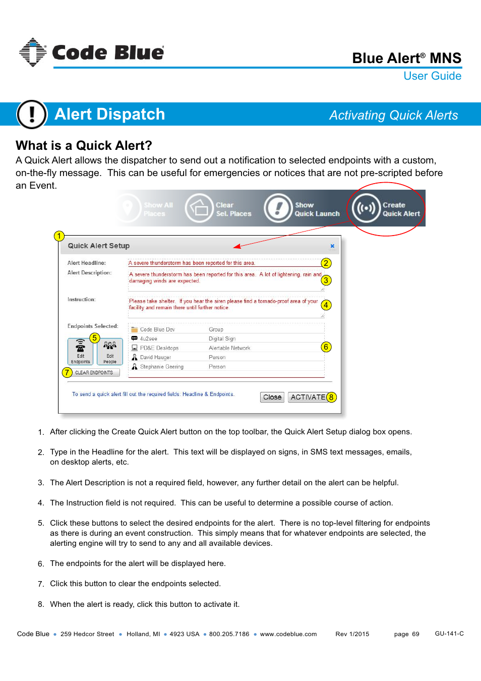Alert dispatch, Blue alert, What is a quick alert | Activating quick alerts, User guide | Code Blue BLUE ALERT MNS MASS NOTIFICATION SOFTWARE User Manual | Page 69 / 76