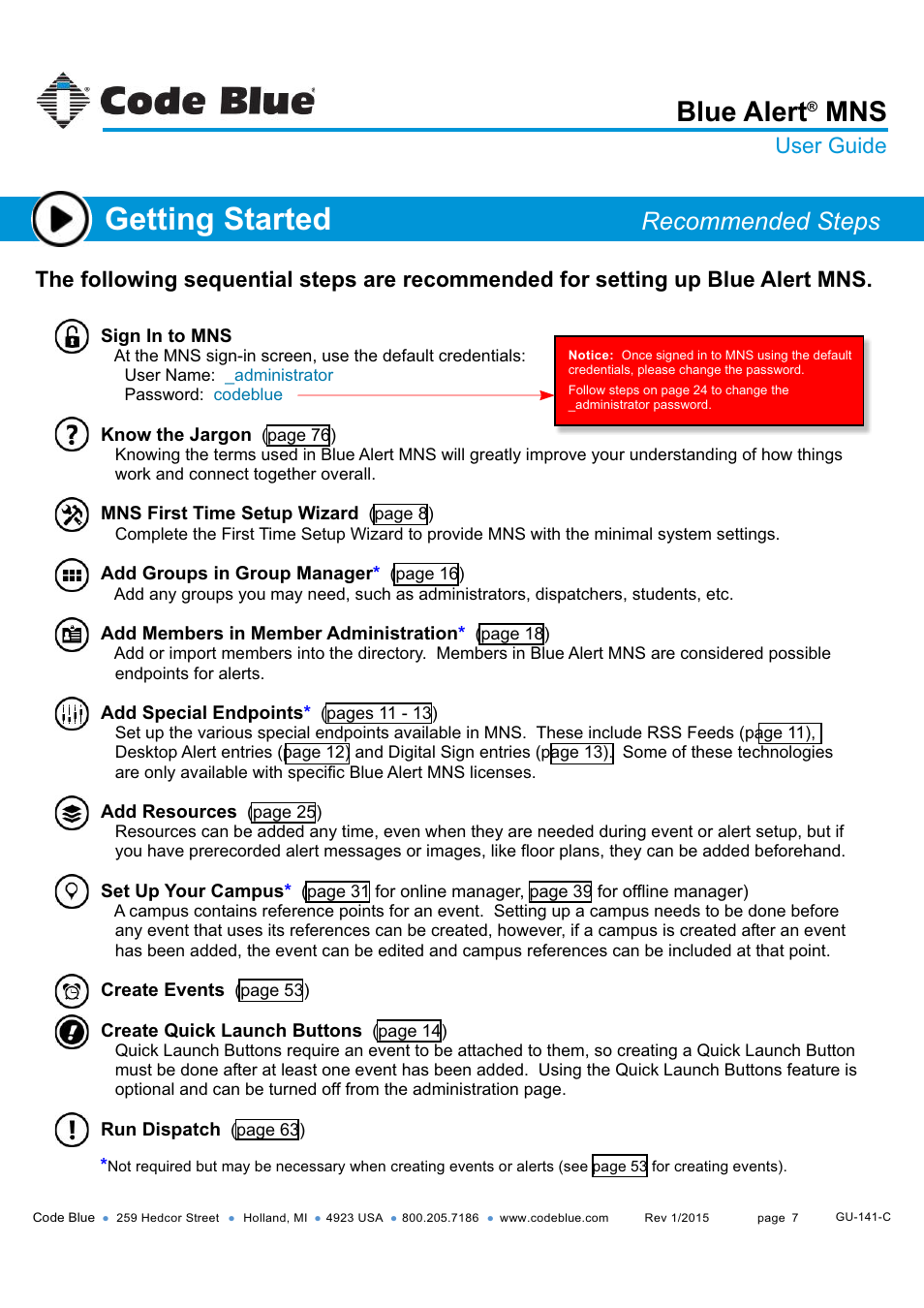 Getting started, Blue alert, Recommended steps | User guide | Code Blue BLUE ALERT MNS MASS NOTIFICATION SOFTWARE User Manual | Page 7 / 76
