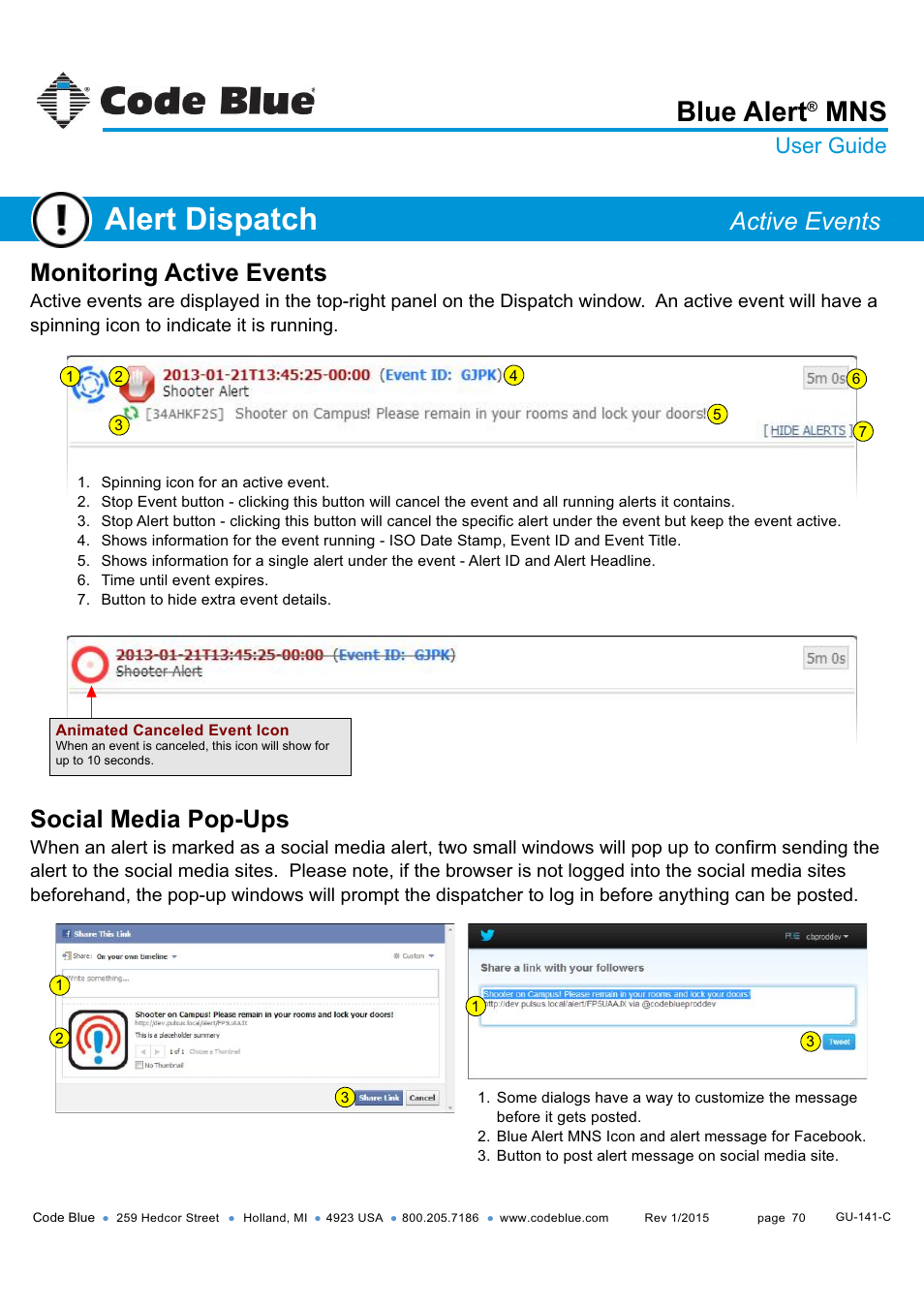 Alert dispatch, Blue alert, Monitoring active events | Social media pop-ups, Active events, User guide | Code Blue BLUE ALERT MNS MASS NOTIFICATION SOFTWARE User Manual | Page 70 / 76