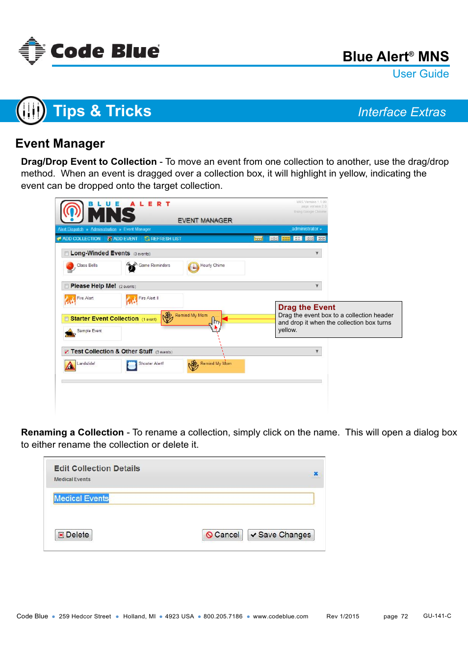 Tips & tricks, Blue alert, Event manager | Interface extras, User guide | Code Blue BLUE ALERT MNS MASS NOTIFICATION SOFTWARE User Manual | Page 72 / 76