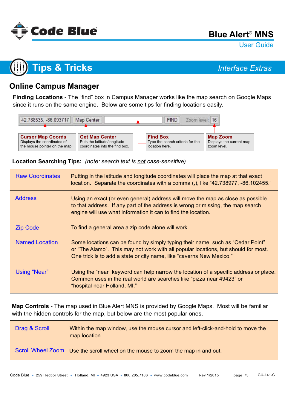 Campus manager location searching, Online version), Map controls | Tips & tricks, Blue alert, Online campus manager, Interface extras, User guide | Code Blue BLUE ALERT MNS MASS NOTIFICATION SOFTWARE User Manual | Page 73 / 76
