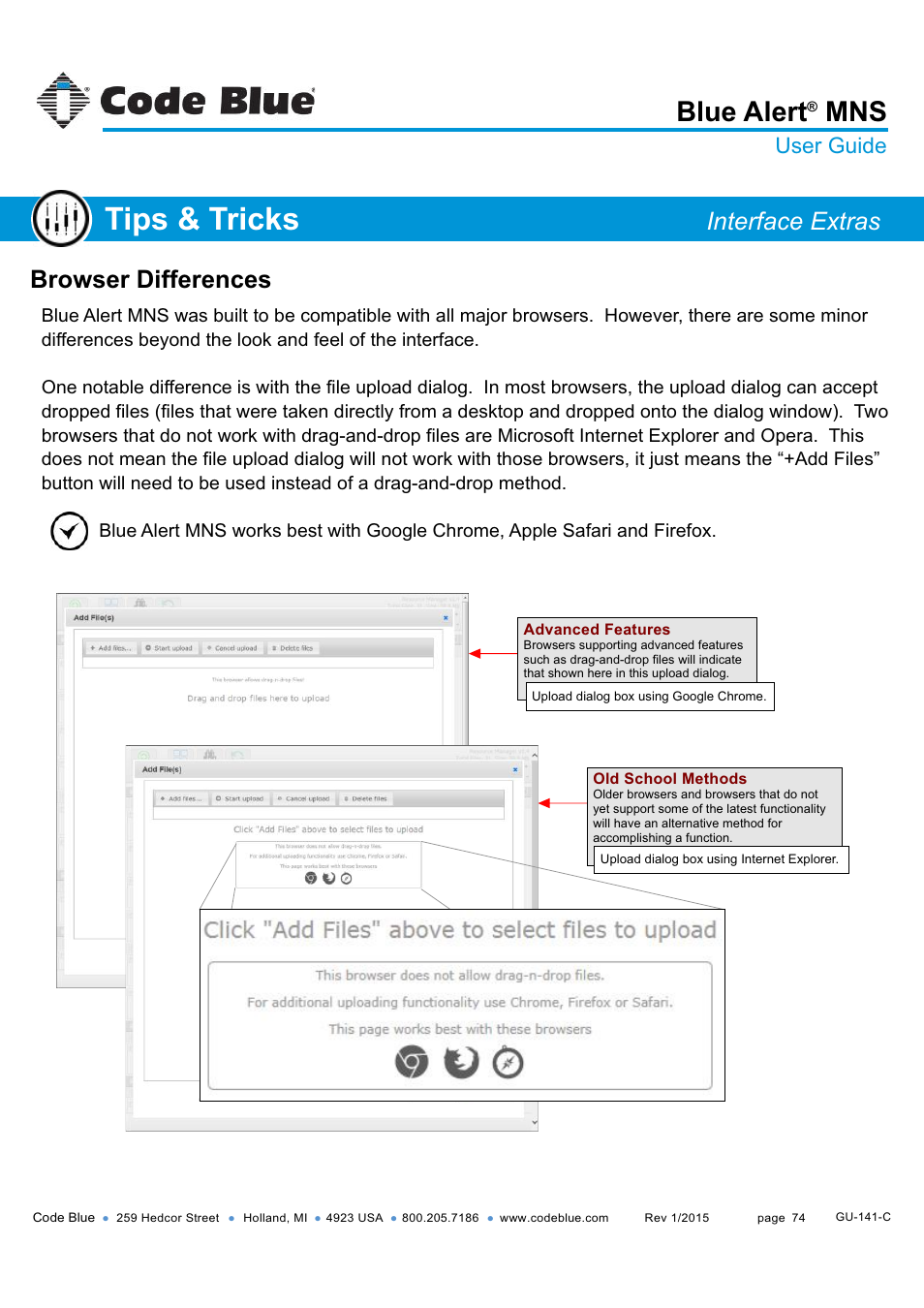 Resource manager browser-specific pros & cons, Tips & tricks, Blue alert | Browser differences, Interface extras, User guide | Code Blue BLUE ALERT MNS MASS NOTIFICATION SOFTWARE User Manual | Page 74 / 76