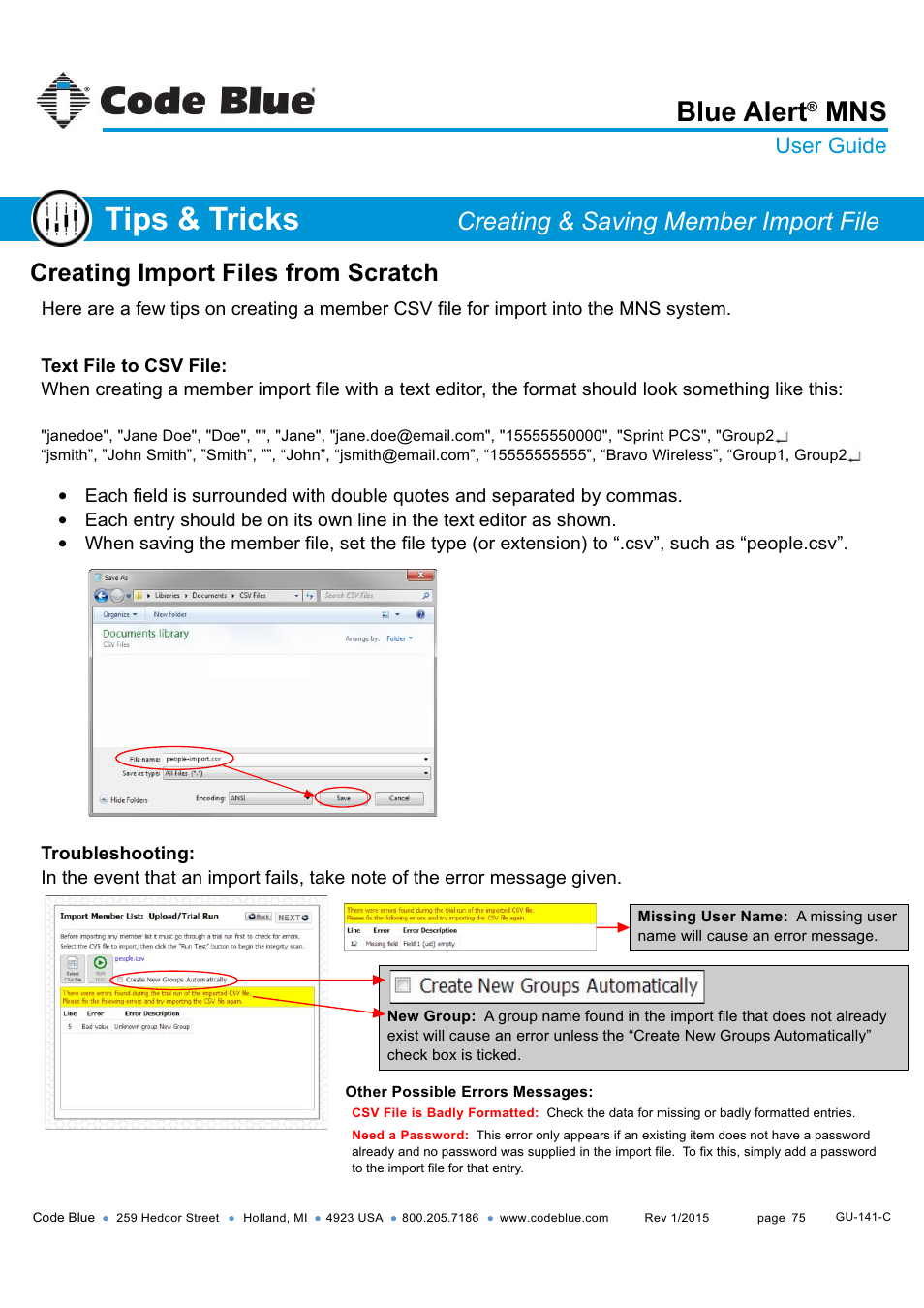 Tips & tricks, Blue alert, Creating import files from scratch | Creating & saving member import file, User guide | Code Blue BLUE ALERT MNS MASS NOTIFICATION SOFTWARE User Manual | Page 75 / 76