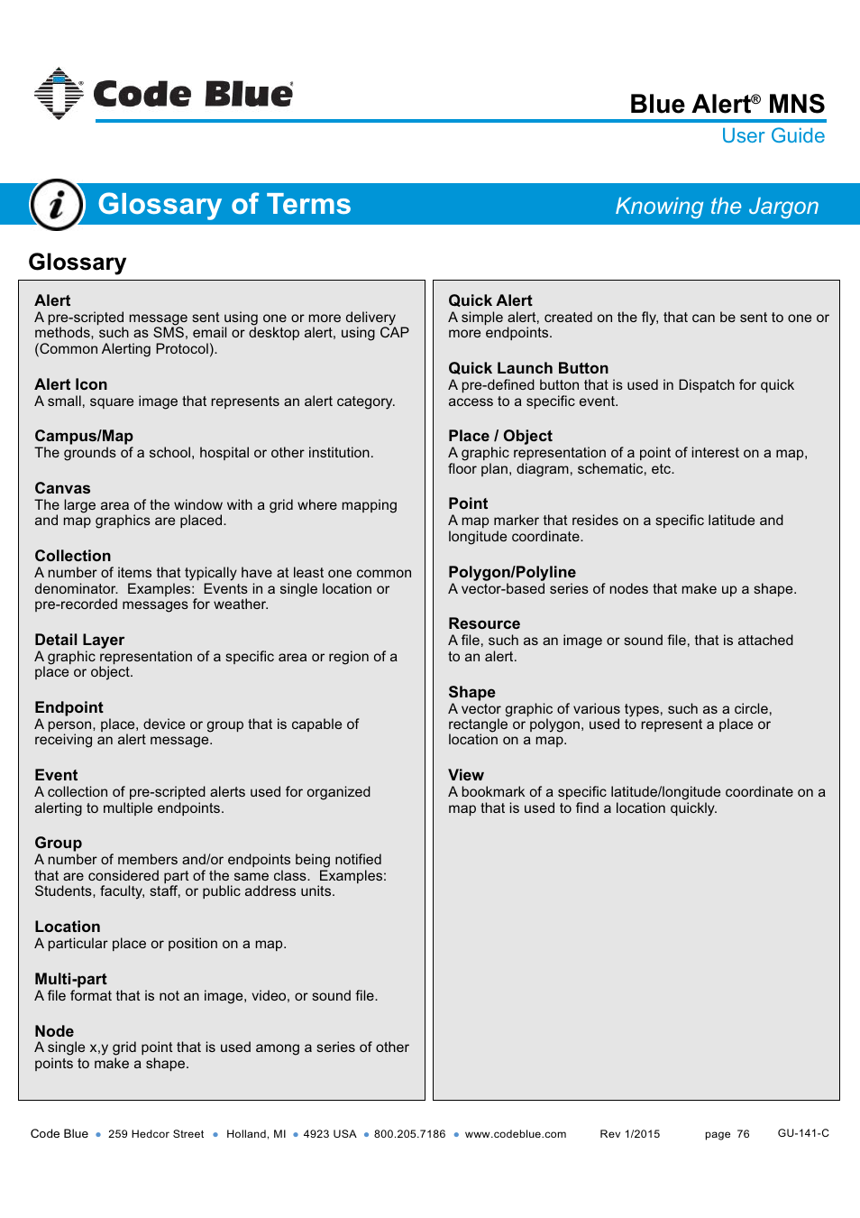 Glossary of terms, Blue alert, Glossary | Knowing the jargon, User guide | Code Blue BLUE ALERT MNS MASS NOTIFICATION SOFTWARE User Manual | Page 76 / 76