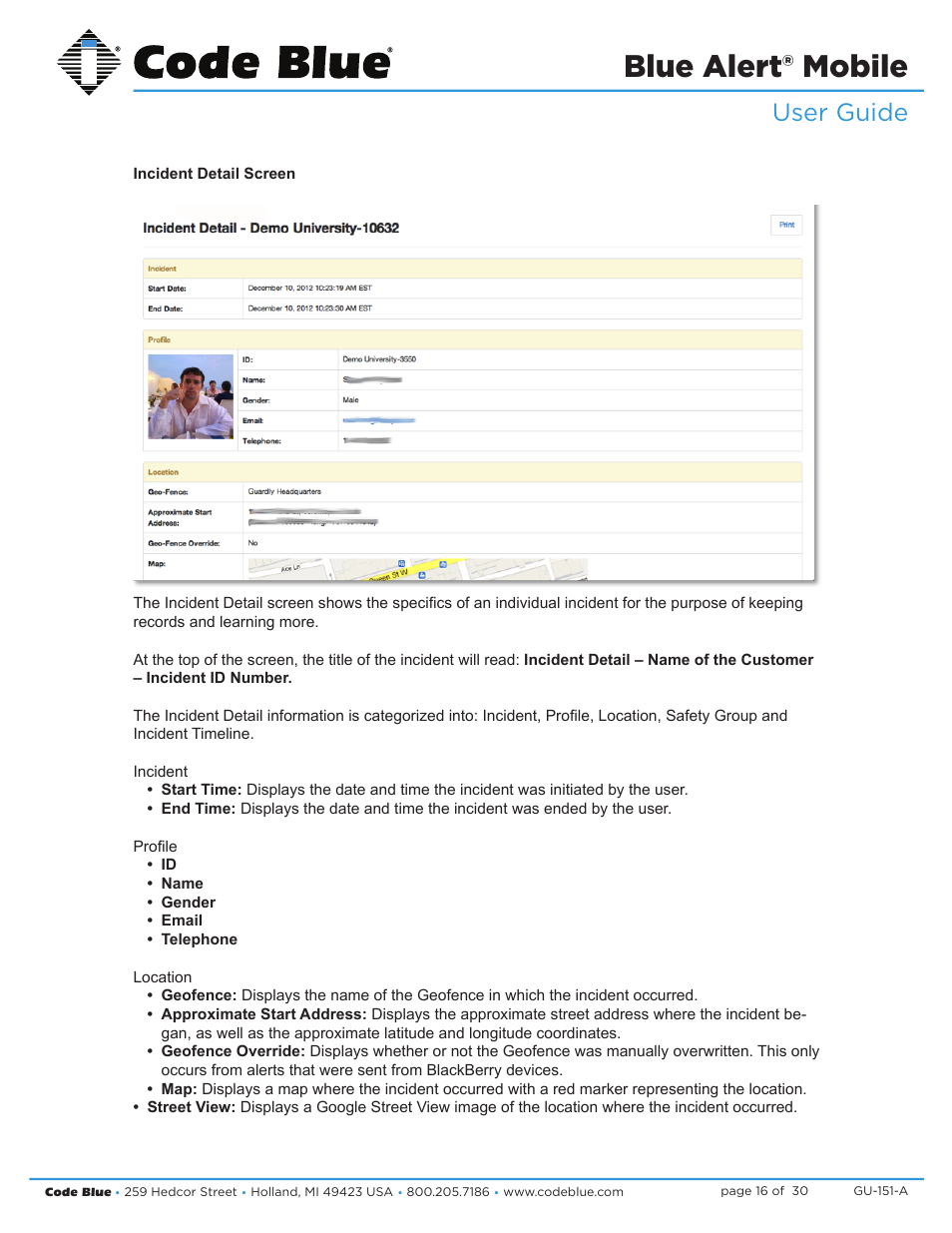 Blue alert® mobile, Blue alert mobile powered by guardly, User guide | Incident detail screen | Code Blue BLUE ALERT MOBILE User Manual | Page 16 / 30