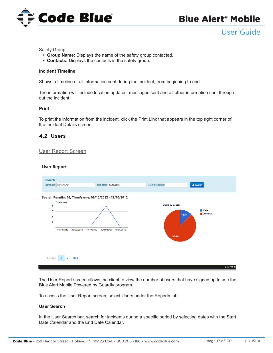 Blue alert® mobile, Blue alert mobile powered by guardly, User guide | User report screen, Users | Code Blue BLUE ALERT MOBILE User Manual | Page 17 / 30