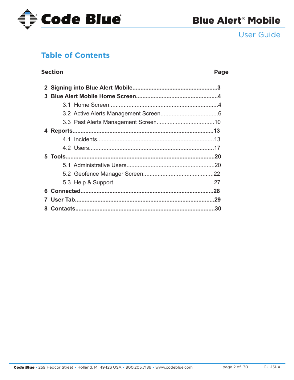 Blue alert® mobile, User guide table of contents | Code Blue BLUE ALERT MOBILE User Manual | Page 2 / 30